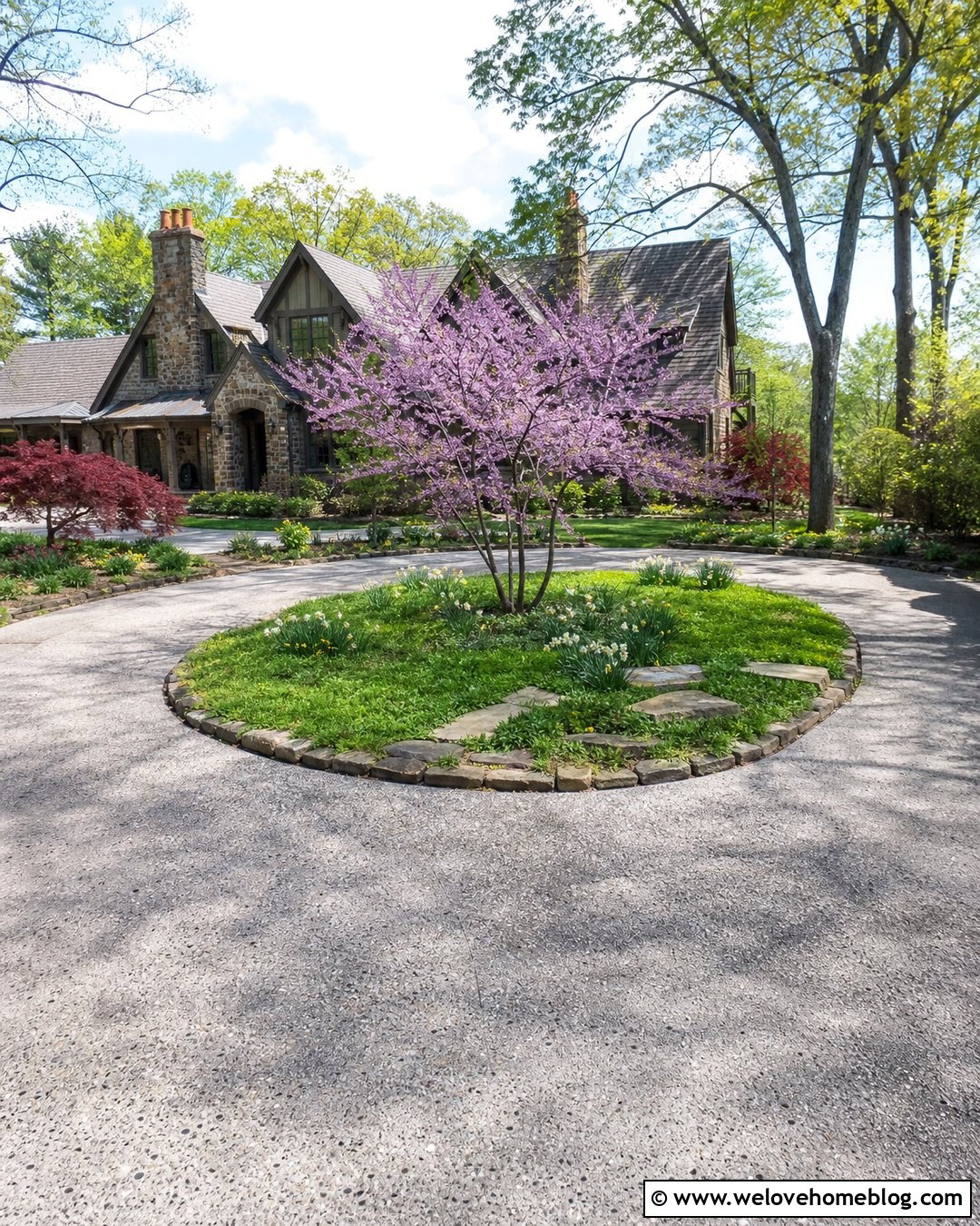 Circular Driveway With Flowering Tree Centerpiece - 35 circular driveway landscaping ideas