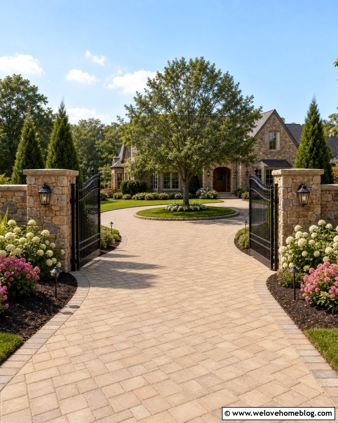 Circular Driveway With Gate And Stone Pillars - 20 driveway front yard landscaping circular ideas