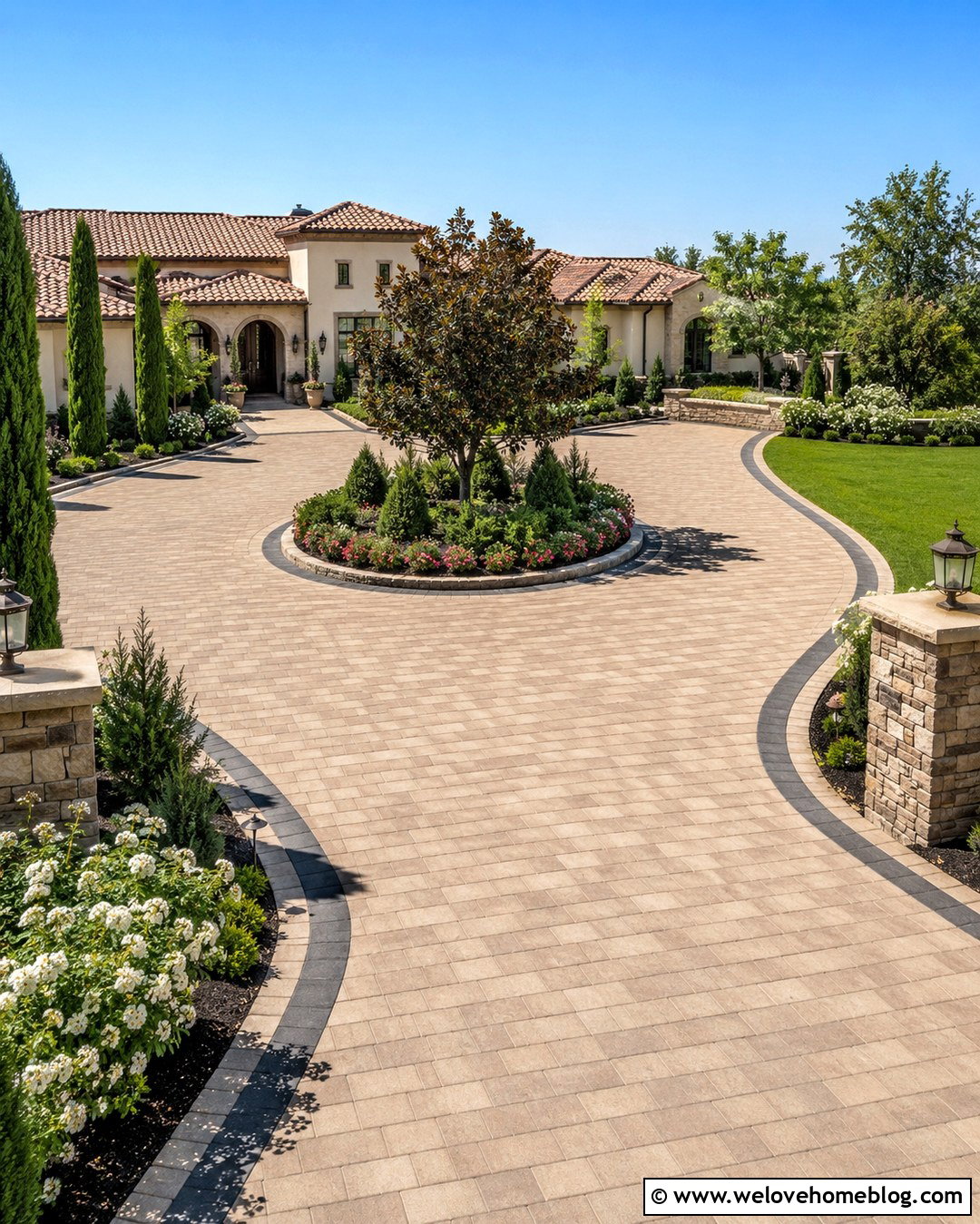 Circular Driveway With Layered Lining - 20 Lining Driveway Ideas