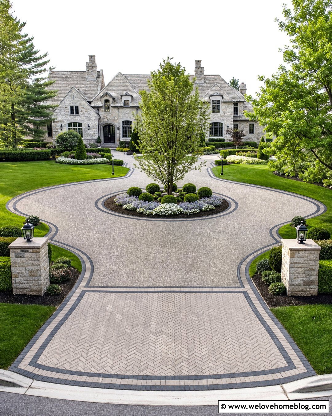 Circular Driveway With Matching Paver Aprons - 20 Pavers At End Of Driveway Ideas