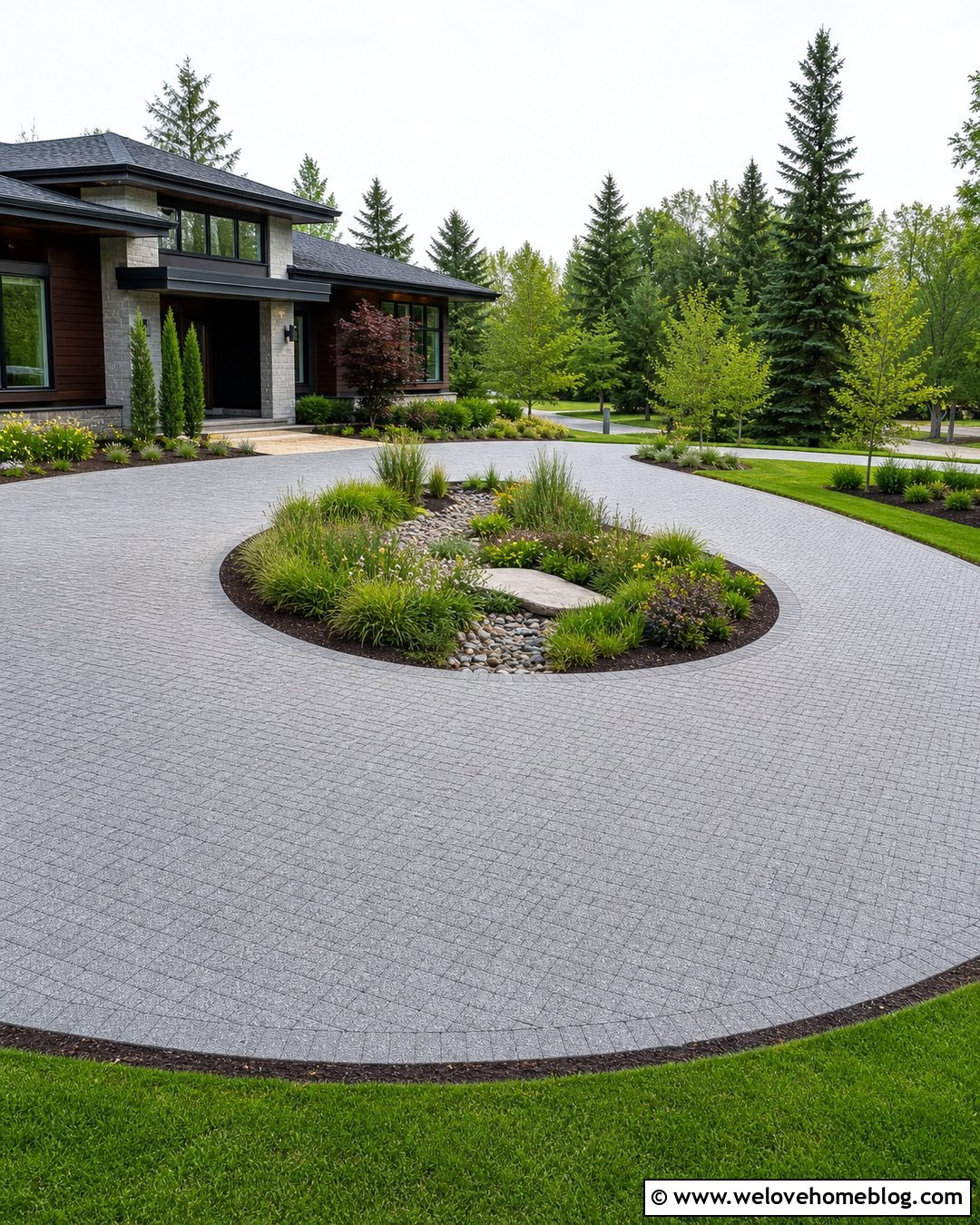 Circular Driveway With Rain Garden Island - 45 Circular Driveway Ideas