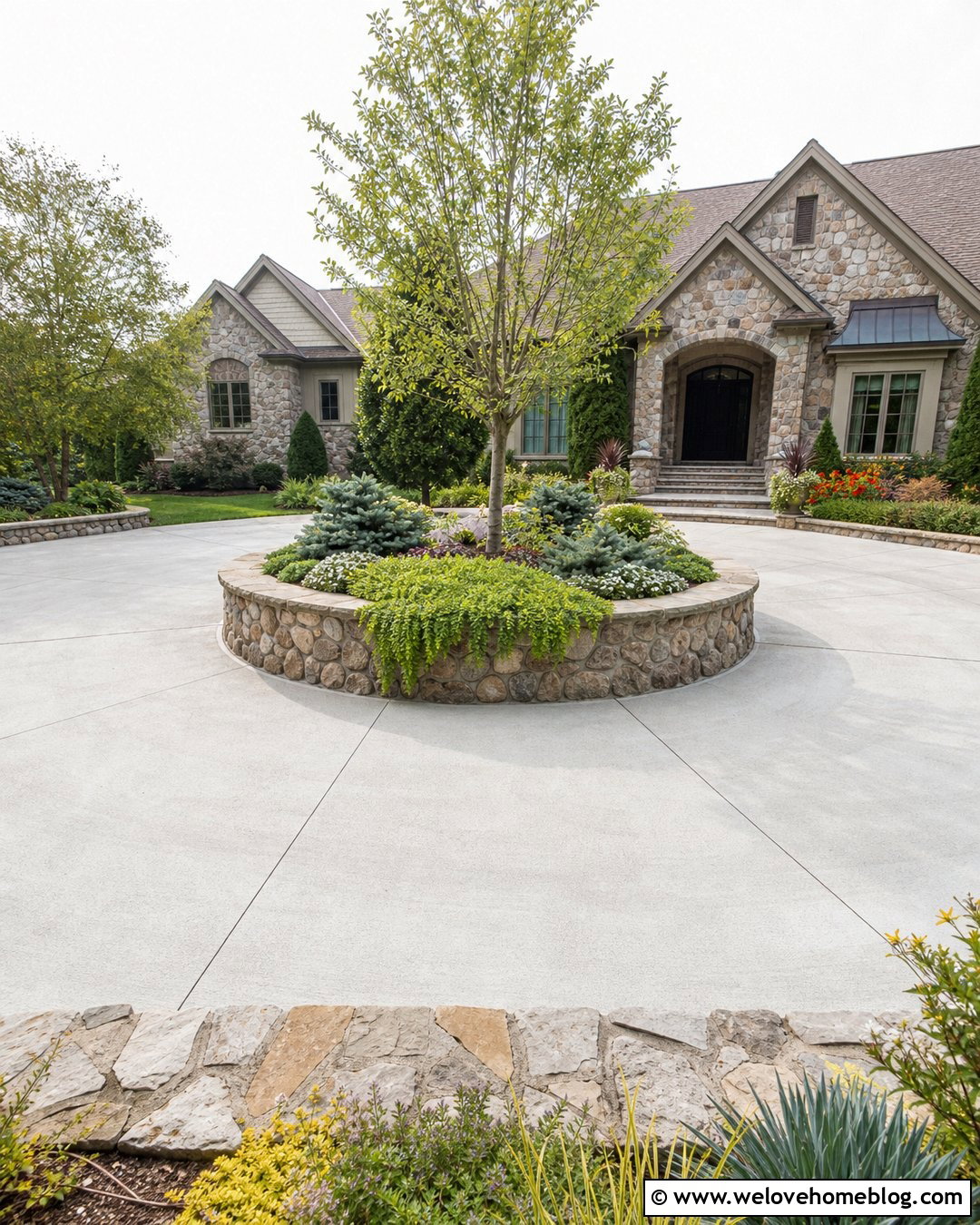 Circular Driveway With Raised Stone Planter - 45 Circular Driveway Ideas