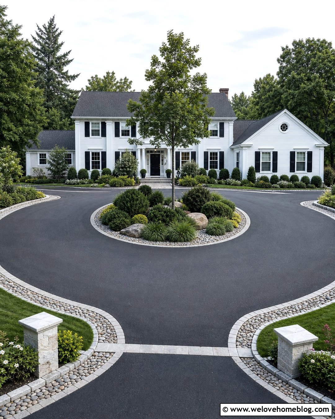 Circular Driveway With River Rock Center Island - 20 river rock along driveway ideas