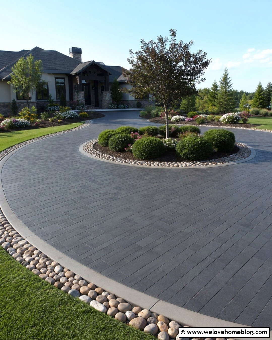 Circular Driveway With River Rock Island Border - 20 River Rock Driveway Border Ideas