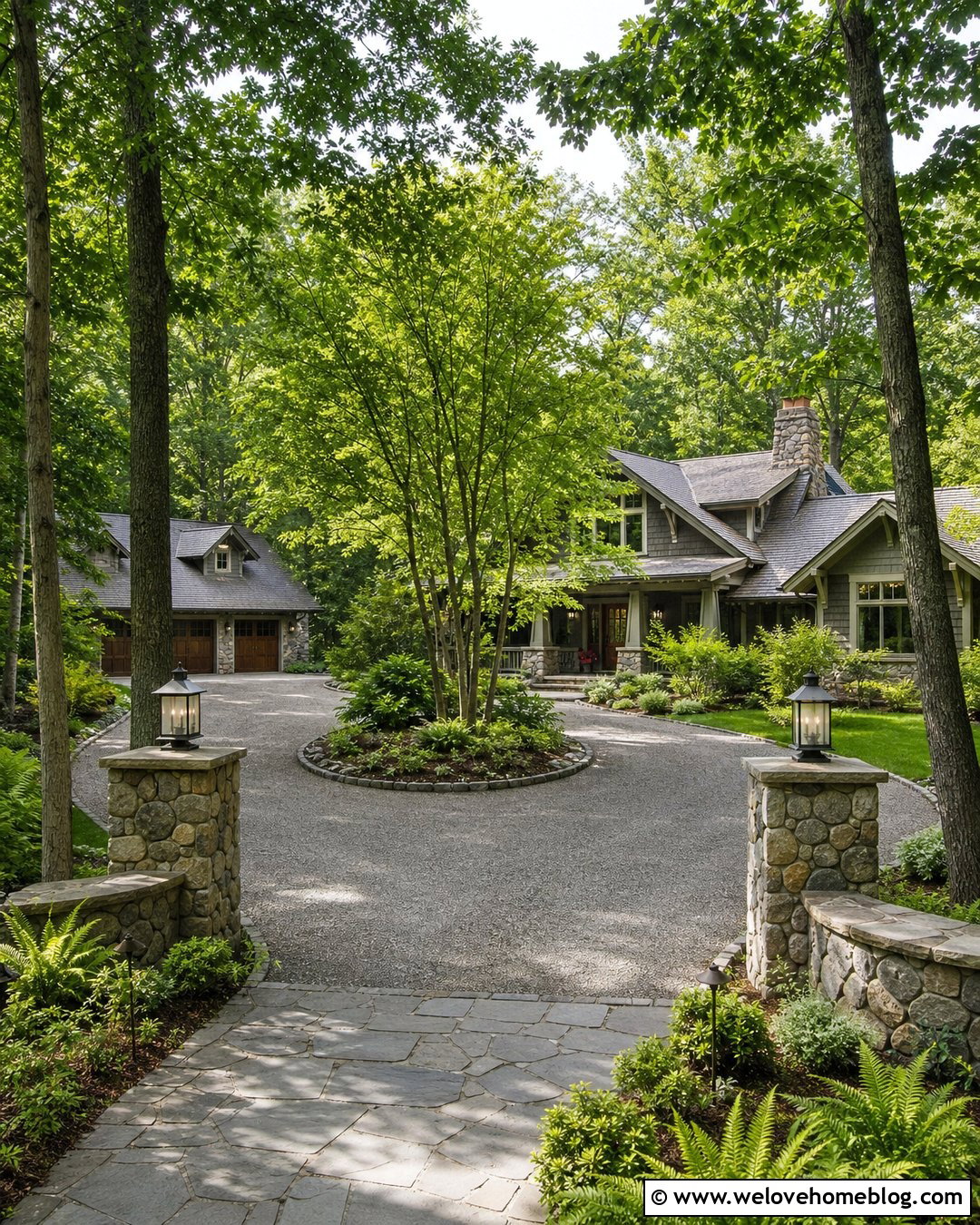 Circular Driveway With Stone Columns - 45 Circular Driveway Ideas