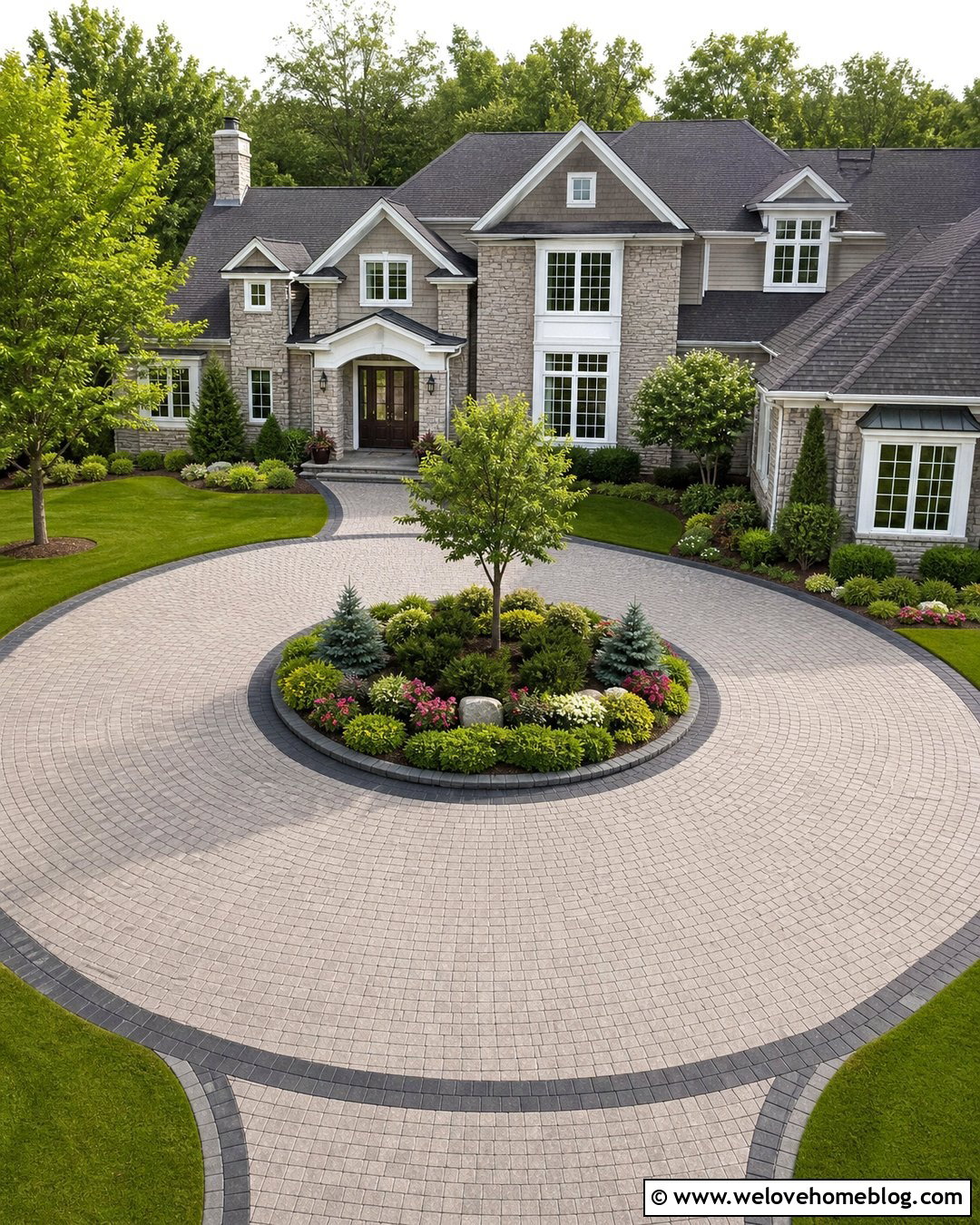 Circular Driveway With a Center Island Garden - 20 front yard with driveway landscaping ideas