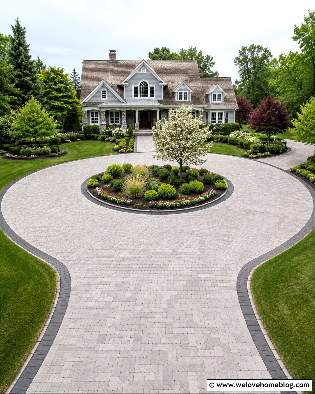 Circular Driveway With a Landscaped Center Island - 20 Driveway Makeover Project Ideas