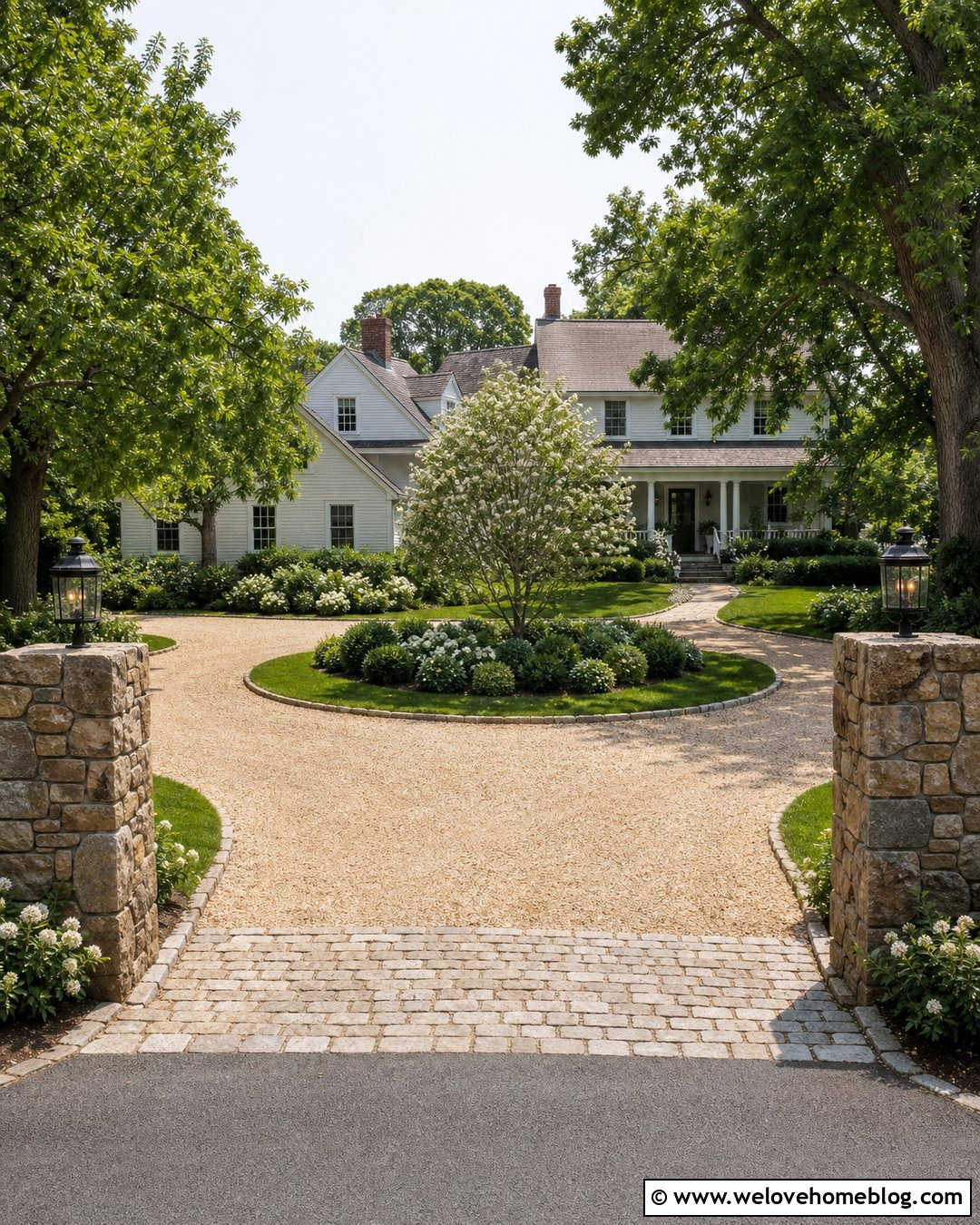 Circular Farmhouse Driveway With Stone Pillars - 40 Farmhouse Driveway Entrance Ideas