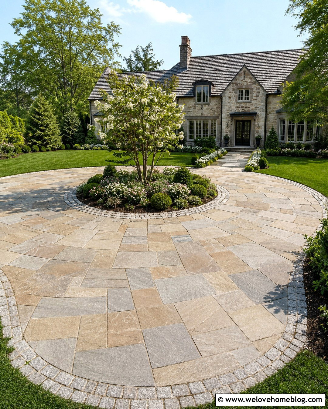 Circular Flagstone Driveway With Center Garden - 20 natural flagstone driveway ideas