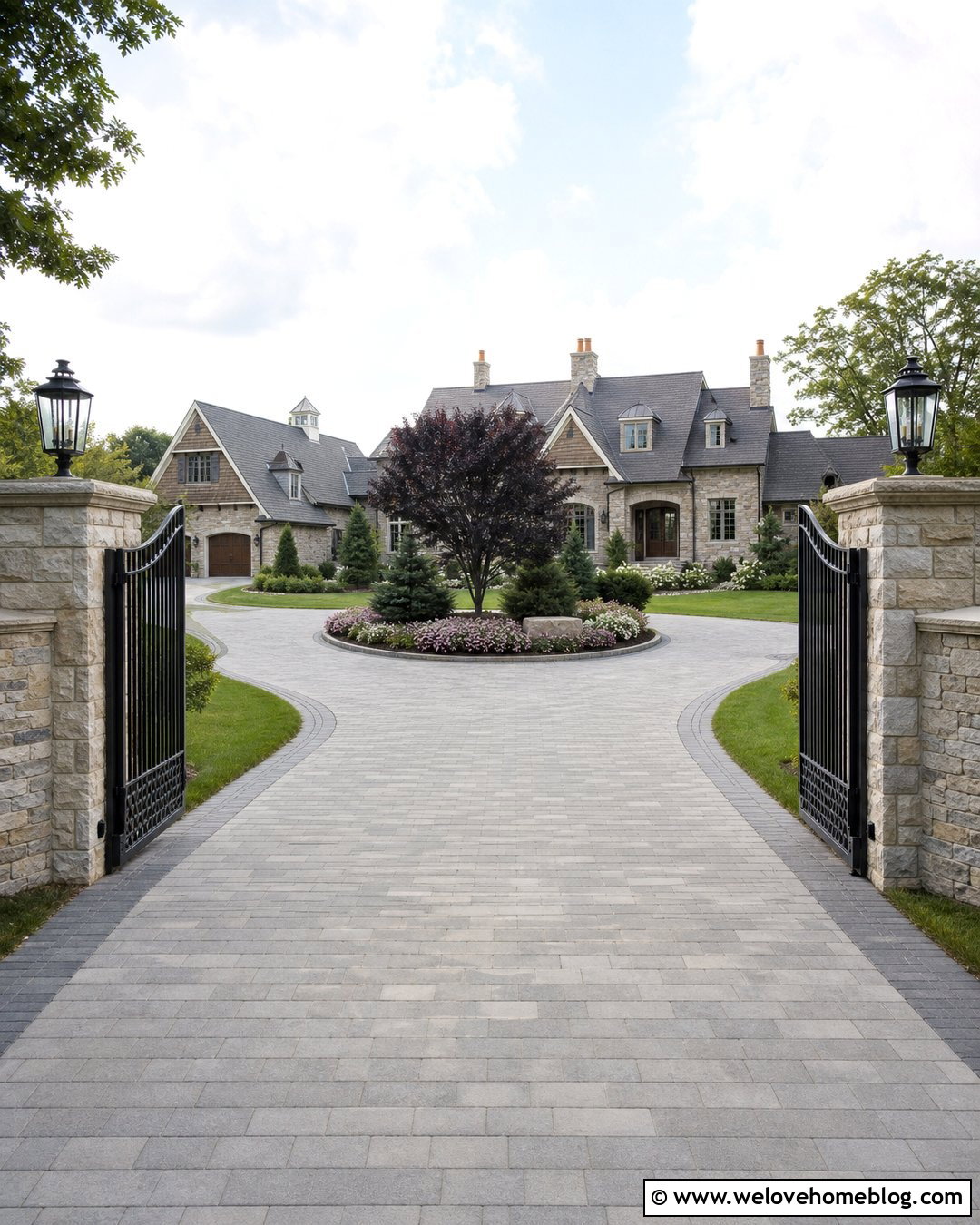 Circular Gated Driveway Entrance With a Planted Island - 25 gated driveway entrance landscaping ideas