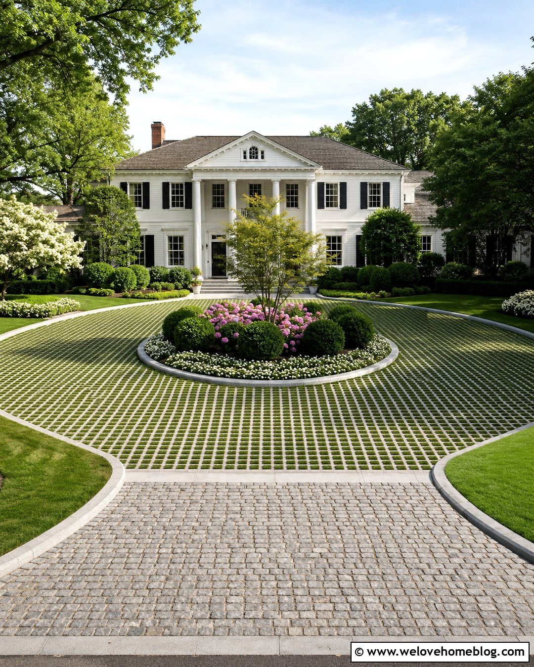 Circular Grasscrete Driveway With A Planted Island - 20 Grasscrete Driveway Ideas