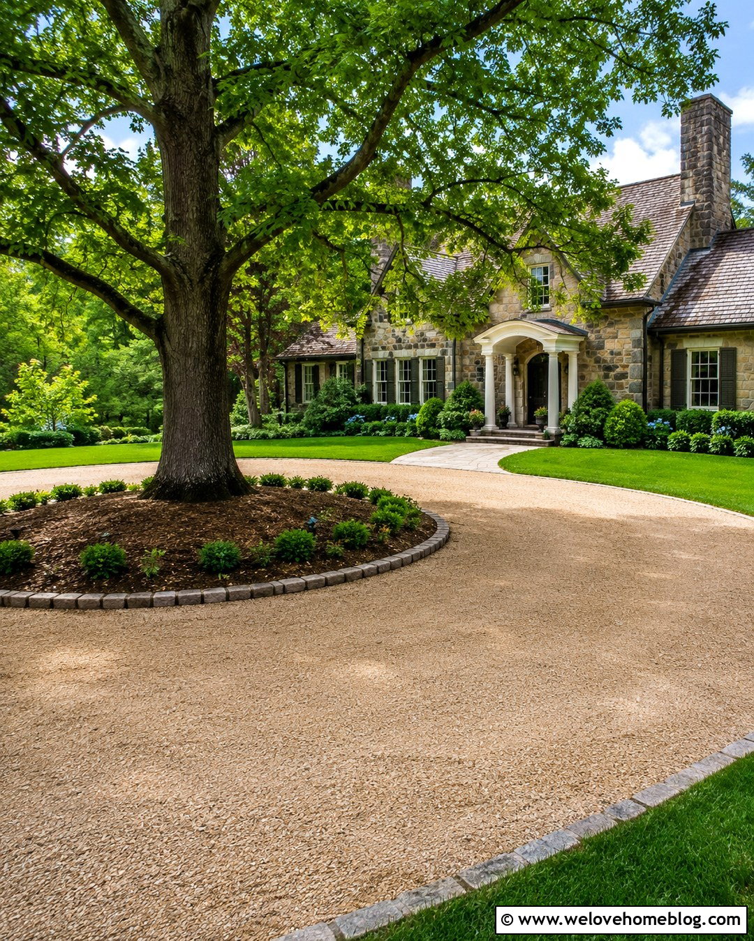 Circular Gravel Driveway Around an Oak Tree - 20 oak tree driveway ideas