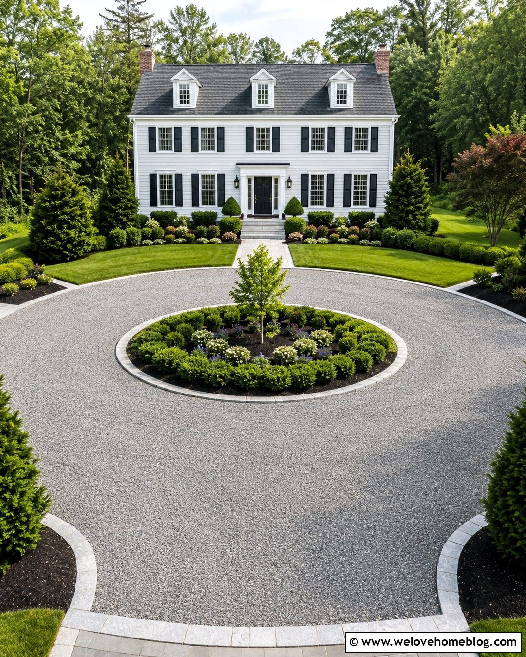 Circular Gravel Driveway With A Landscaped Island - 20 Gravel For Driveway Ideas