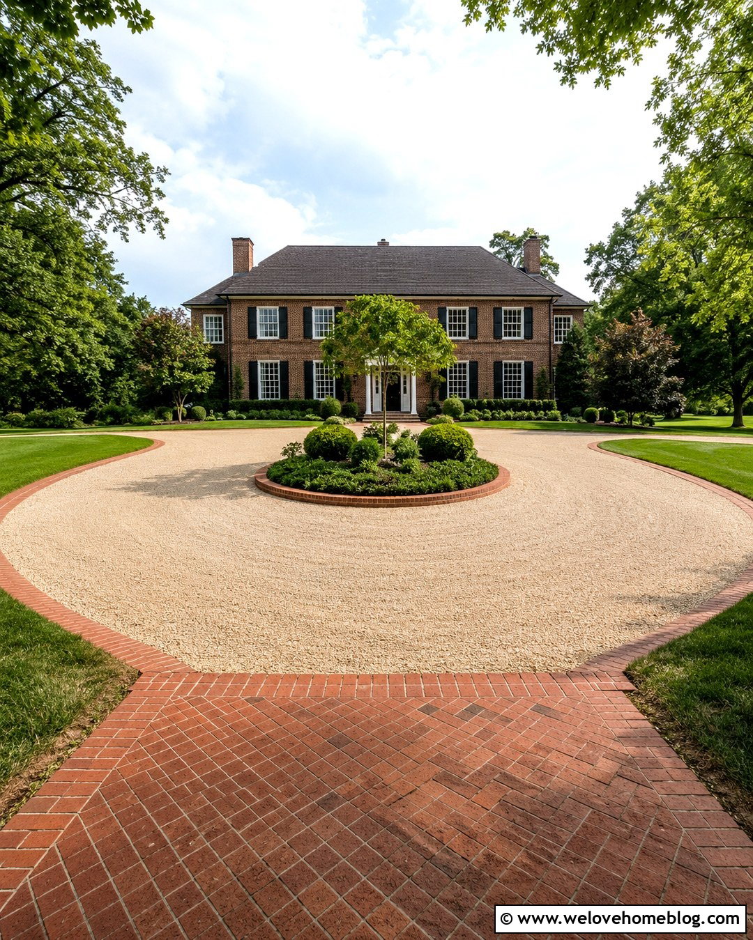 Circular Gravel Driveway With Brick Center Island - 20 Brick And Gravel Driveway Ideas
