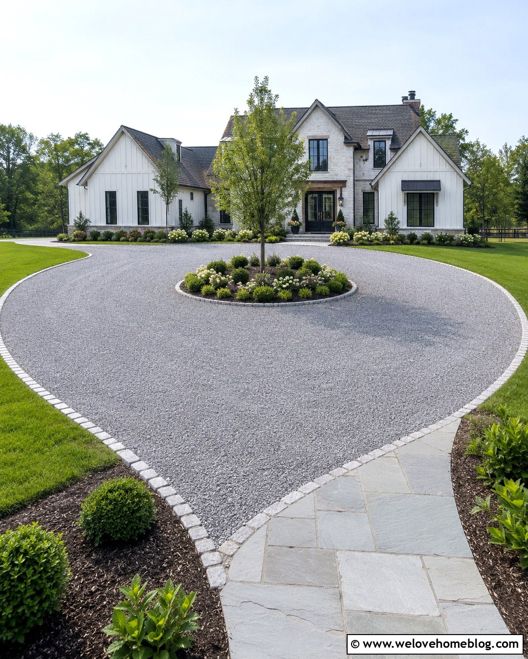 Circular Gravel Driveway With Central Garden - 20 Front Of House Driveway Ideas