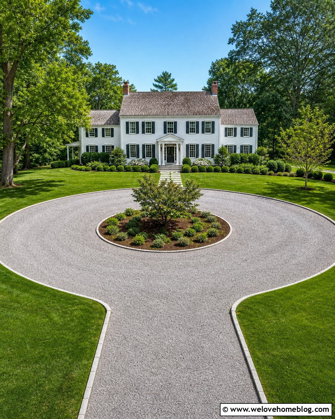 Circular Gravel Driveway With a Planted Center - 35 cheap driveway ideas