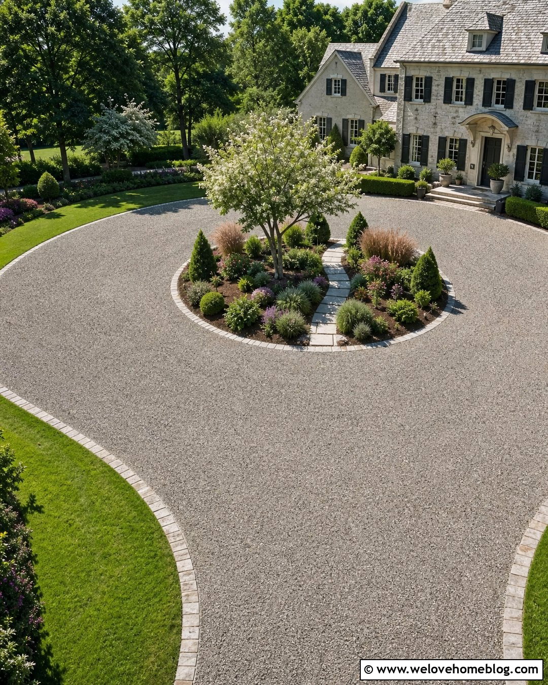 Circular Gravel Grid Driveway With A Planted Island - 25 Gravel Grid Driveway Ideas