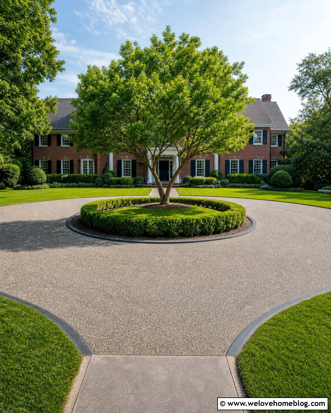 Circular Grey Aggregate Driveway With Grass Island - 20 Grey Aggregate Driveway Ideas