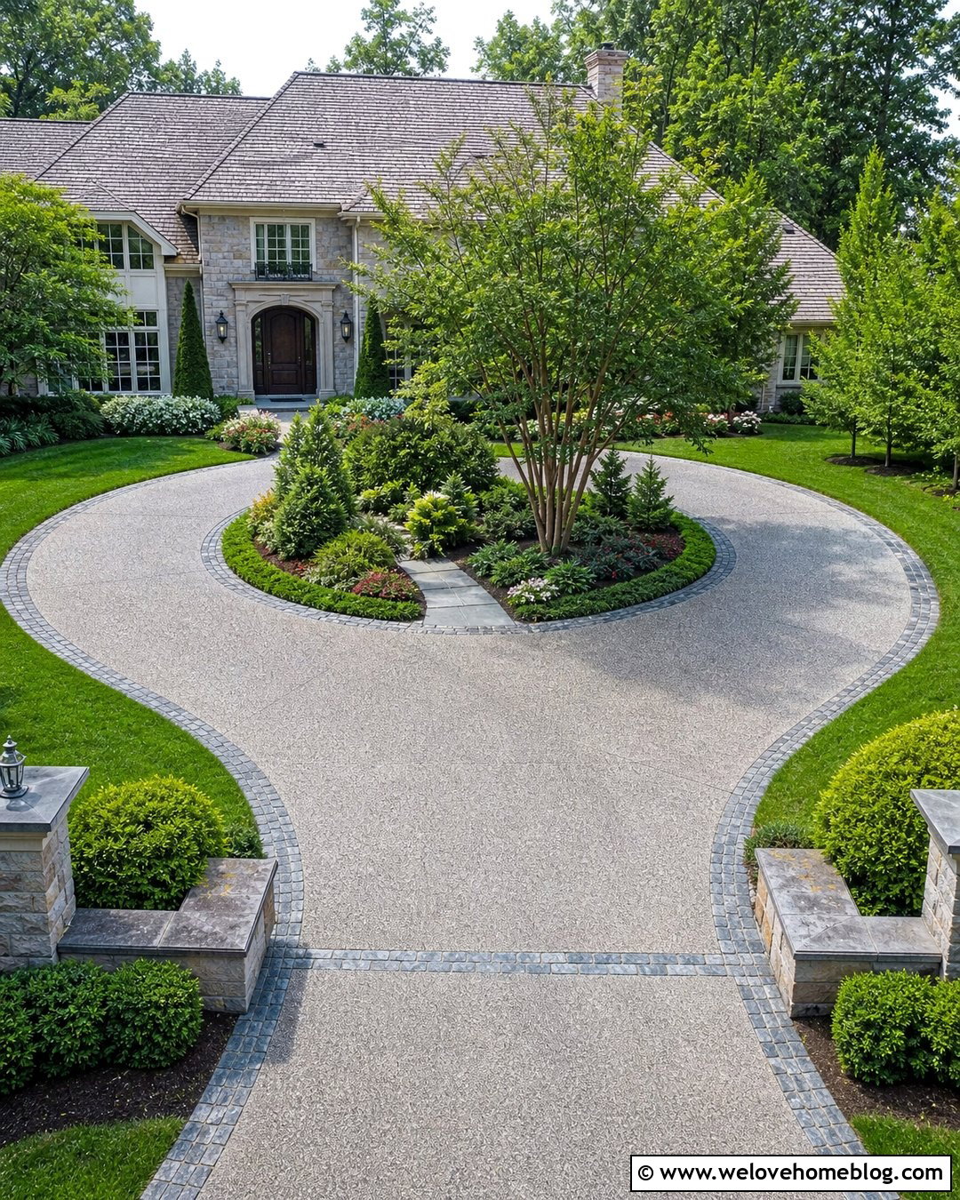 Circular Grey Exposed Aggregate Driveway With Center Garden - 20 Grey Exposed Aggregate Driveway Ideas