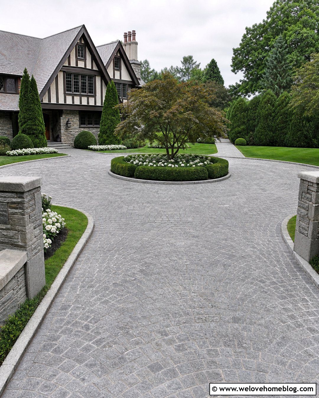Circular Grey Granite Driveway With Center Garden - 25 Grey Driveway Ideas