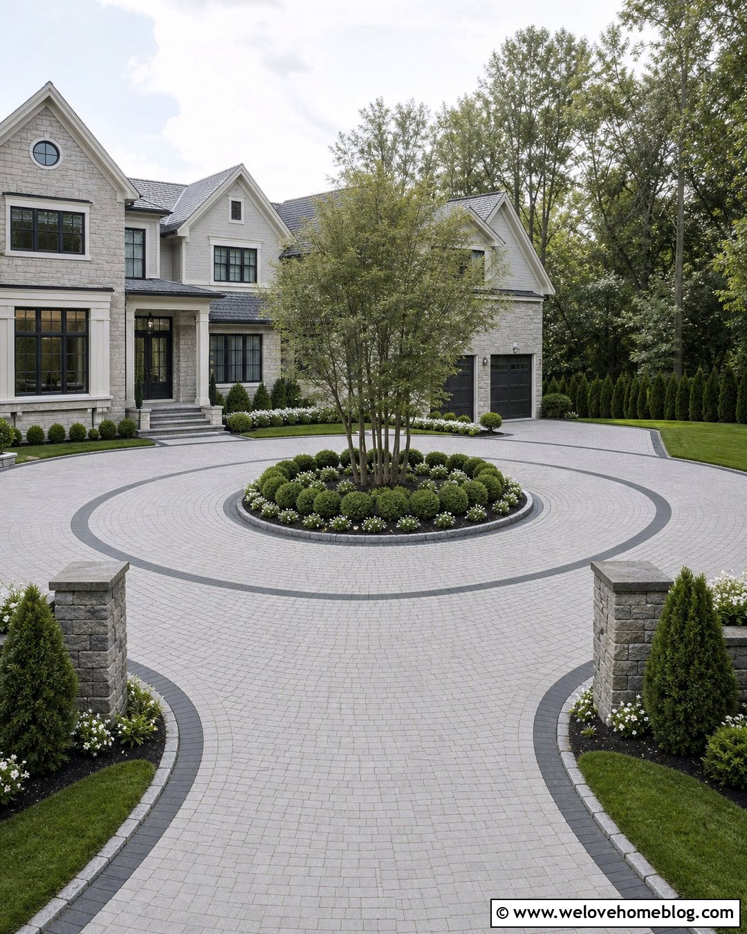 Circular Grey Paver Driveway With A Planted Island - 25 Grey Driveway Ideas