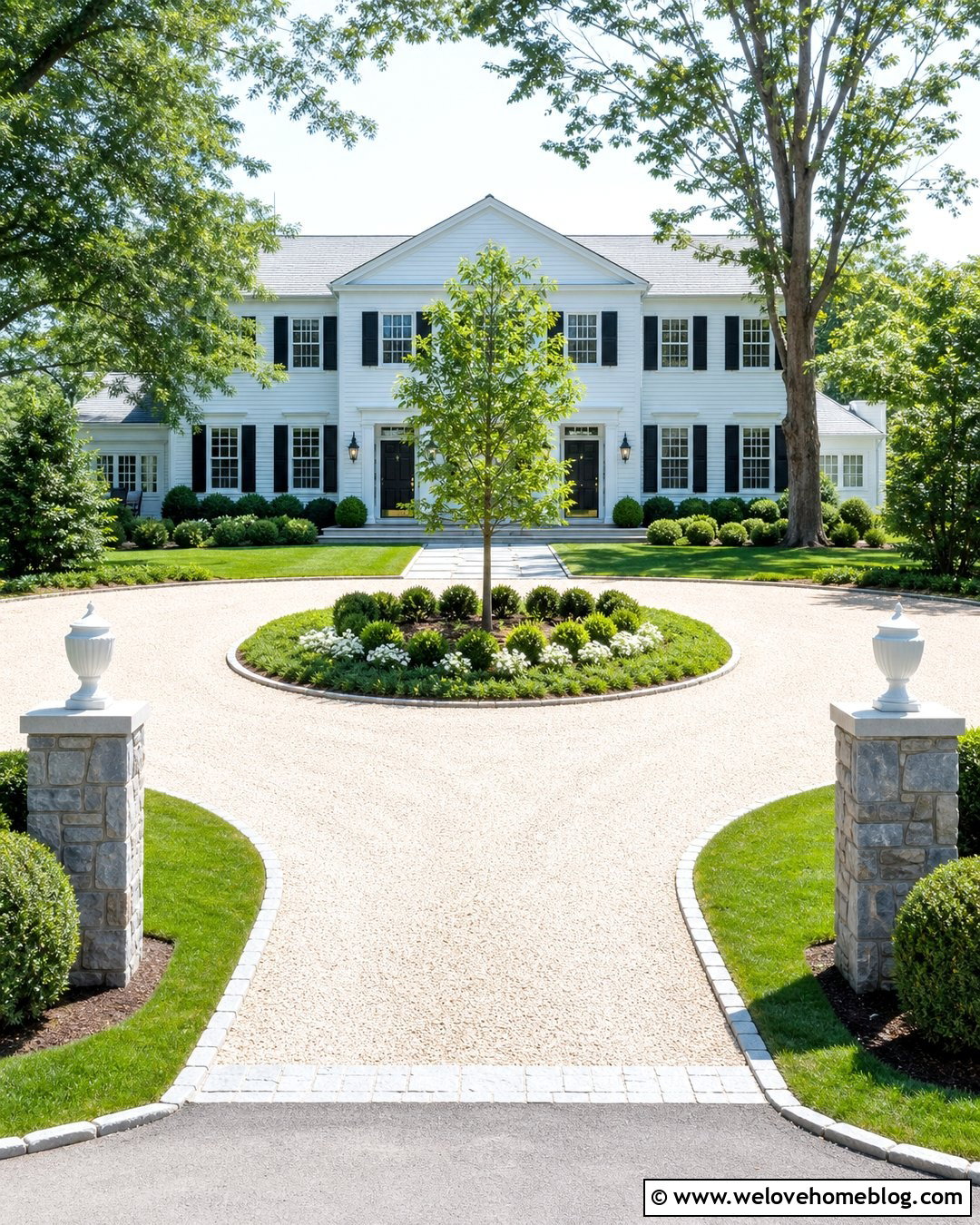 Circular Light Gravel Driveway With Center Garden - 20 Light Gravel Driveway Ideas