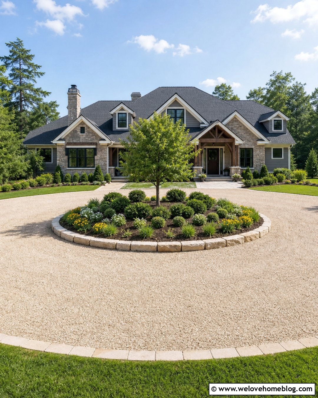 Circular Limestone Driveway With Center Island - 25 Limestone Driveway Ideas