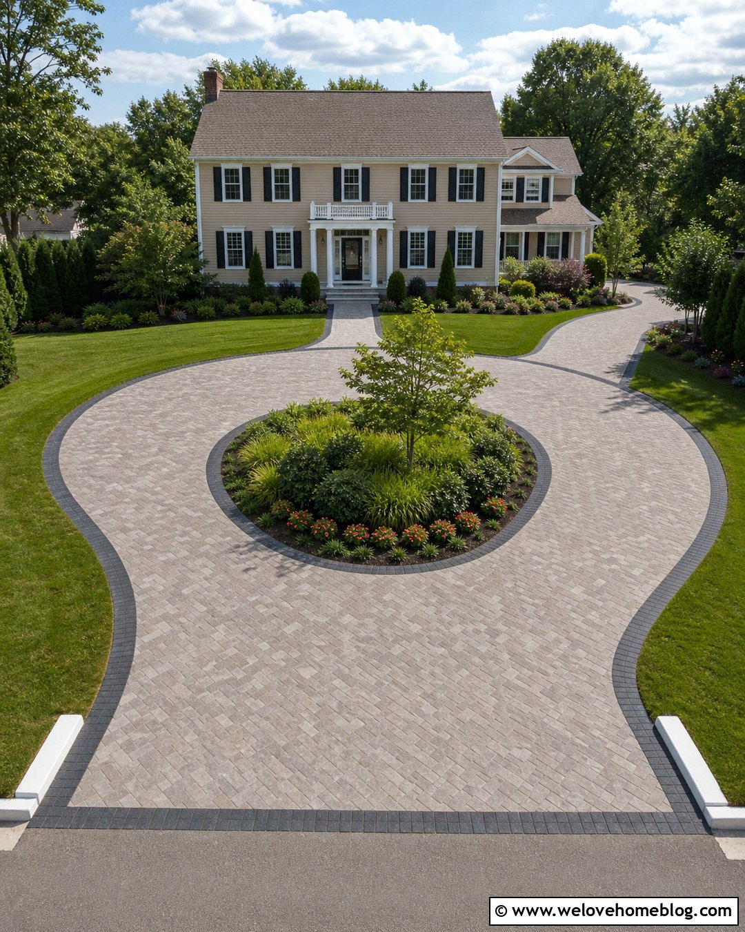 Circular Monoblock Driveway With Planting Island - 20 Monoblock Driveway Ideas