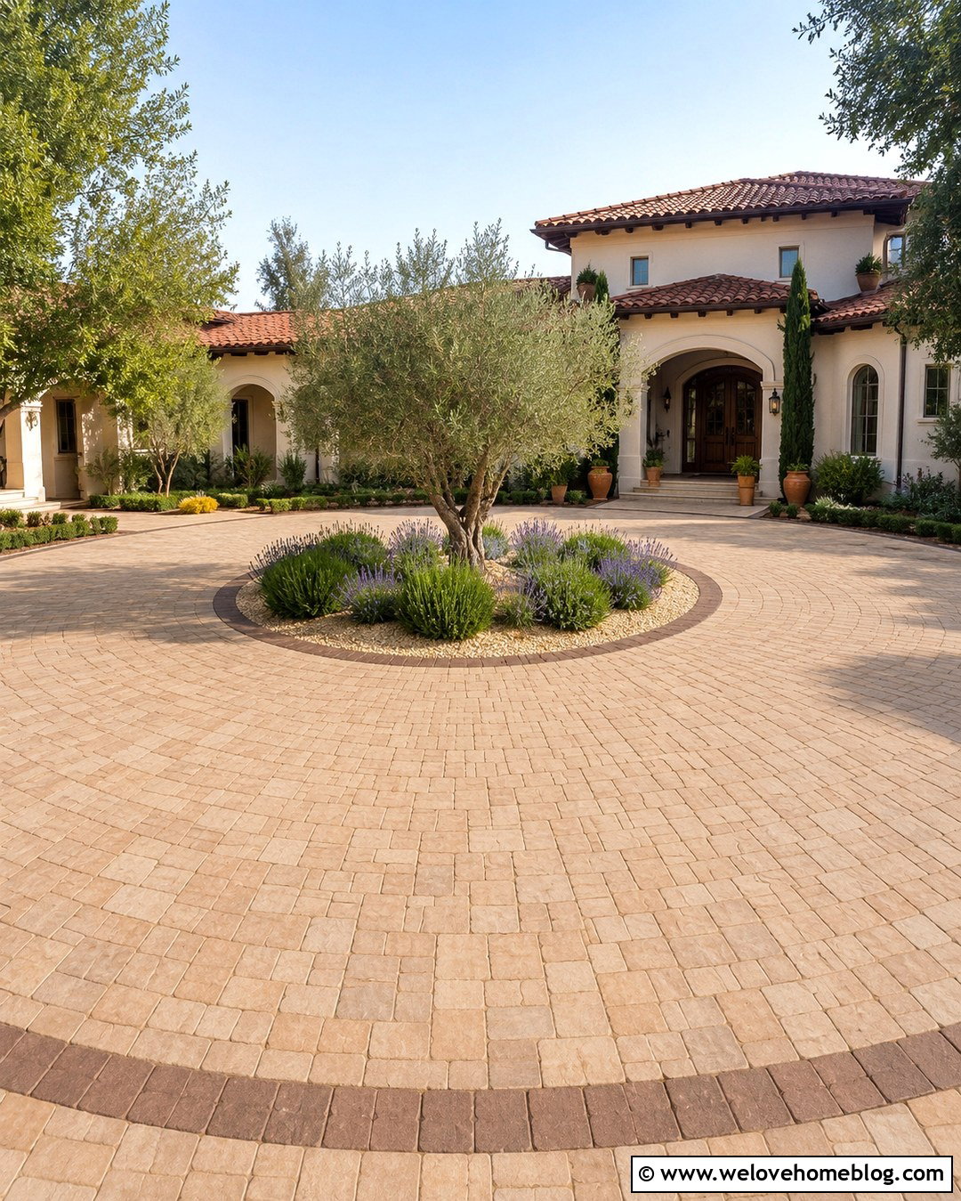 Circular Paved Driveway With Mediterranean House - 20 Paved Driveway With House Ideas