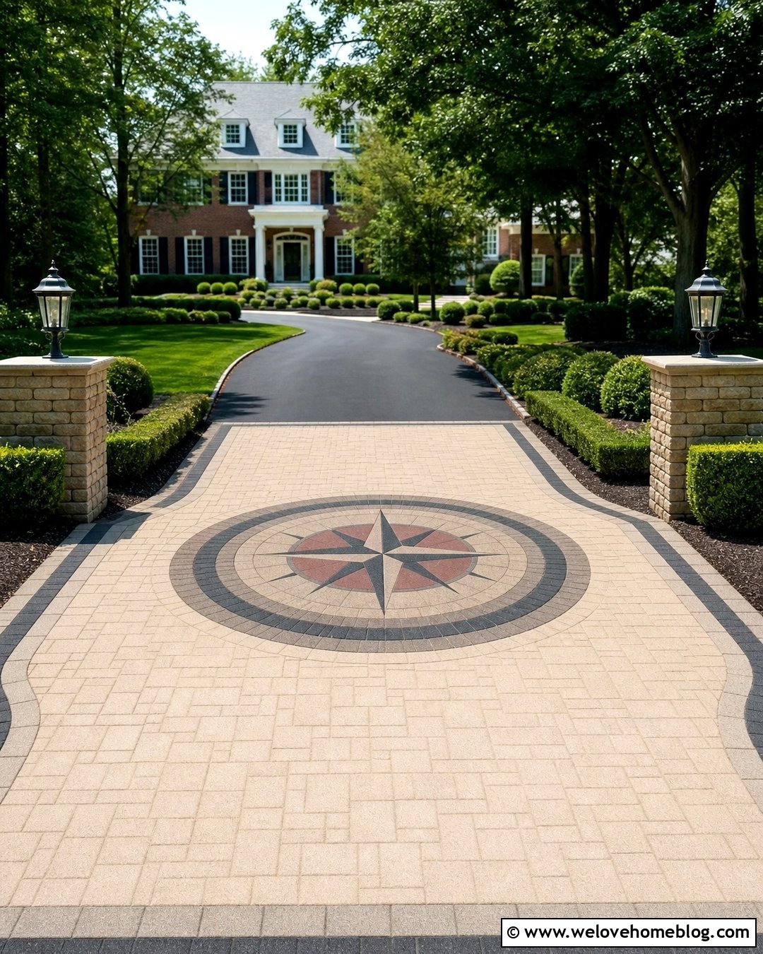 Circular Paver Apron With Compass Pattern - 20 Paver Apron Driveway Ideas