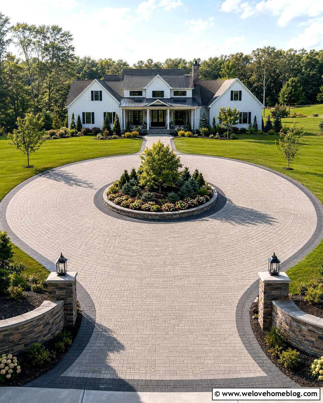 Circular Paver Driveway With A Garden Island - 20 Creative Driveway Ideas