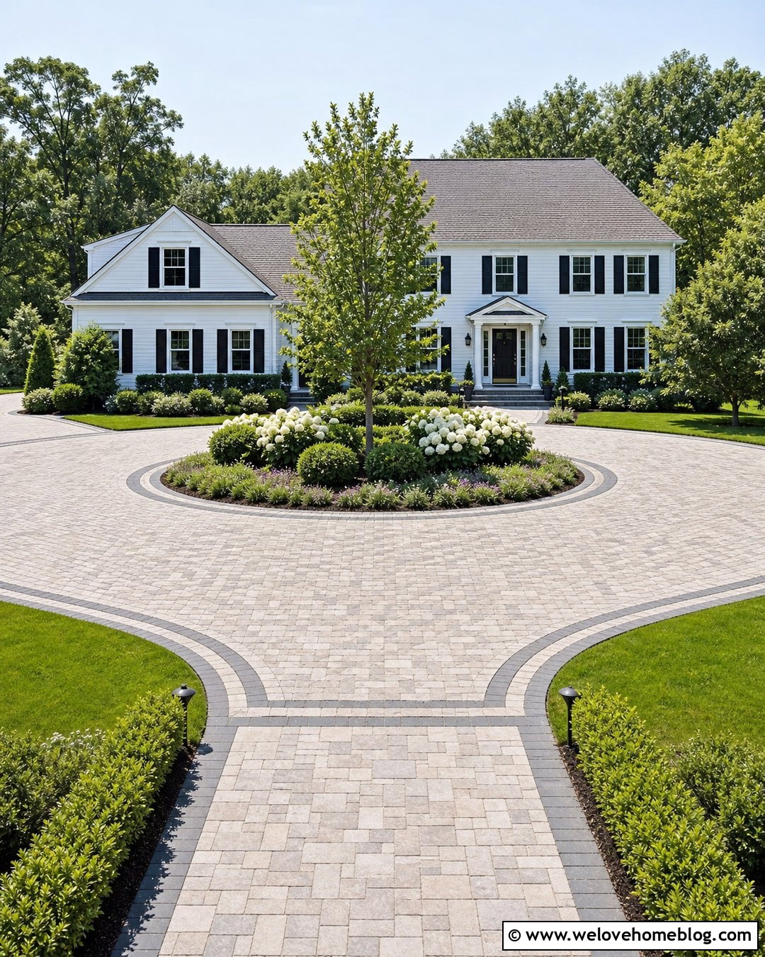 Circular Paver Driveway With Center Garden - 25 Pretty Driveways Ideas