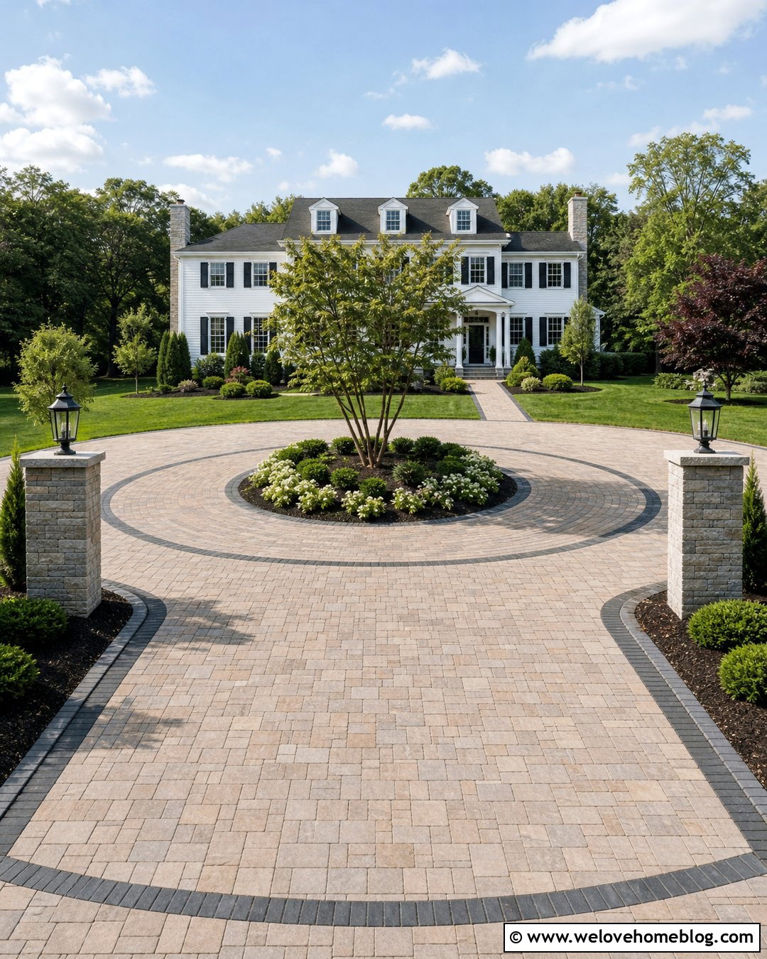 Circular Paver Driveway With Center Garden - 30 Driveway Installation Ideas