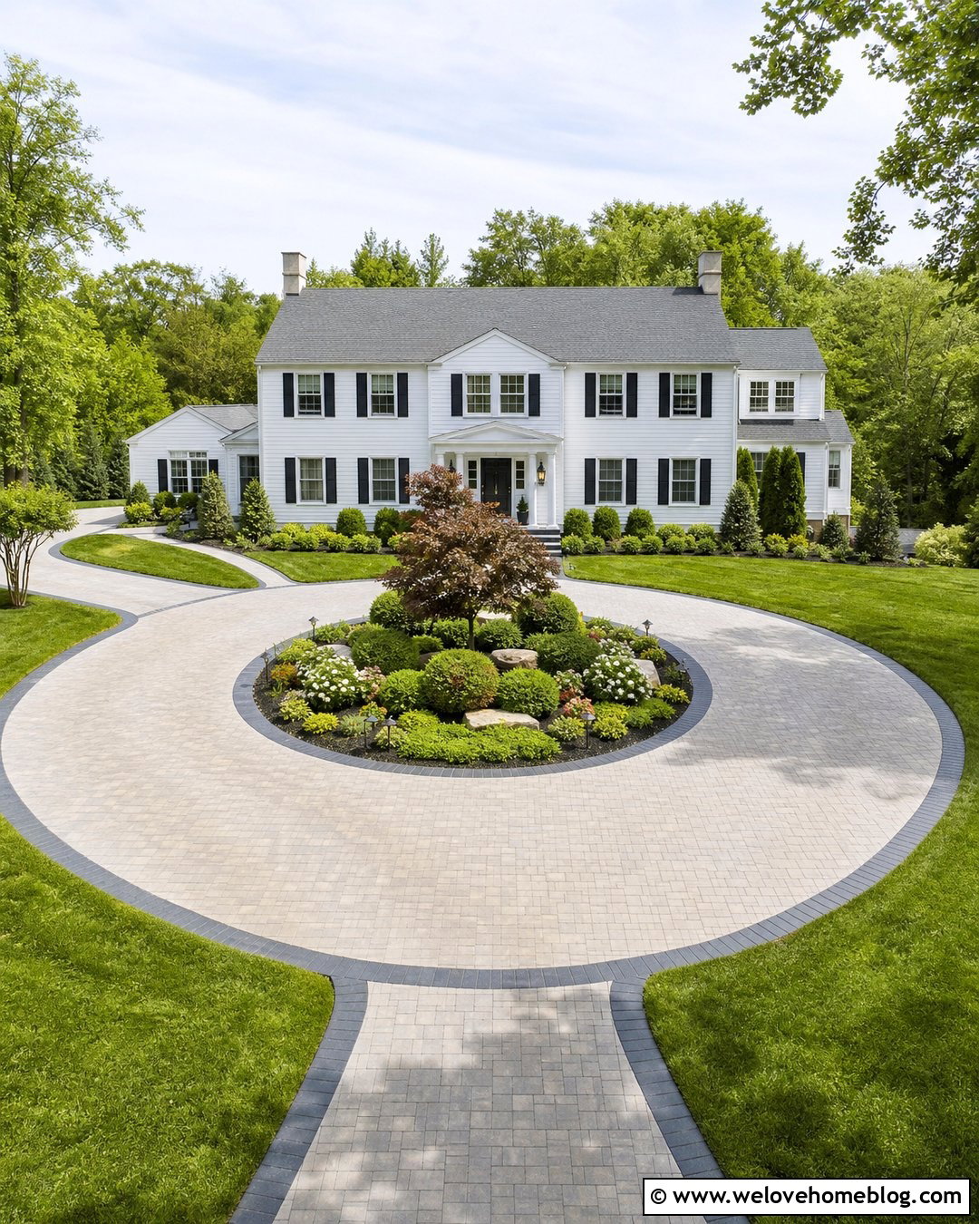 Circular Paver Driveway With Center Garden - 45 Driveway Design Ideas