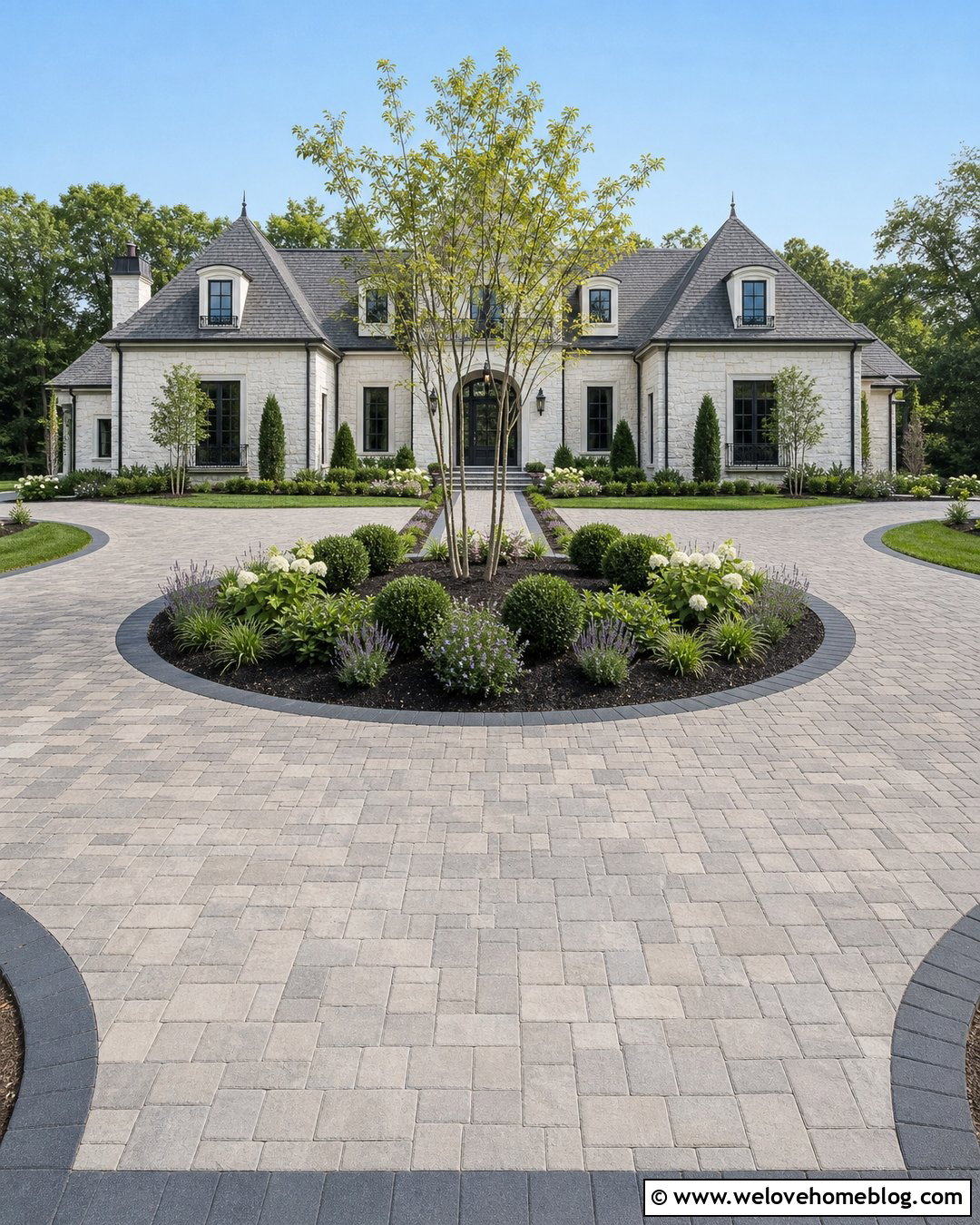 Circular Paver Driveway With Center Garden - 20 Driveway Makeover Inspiration Ideas
