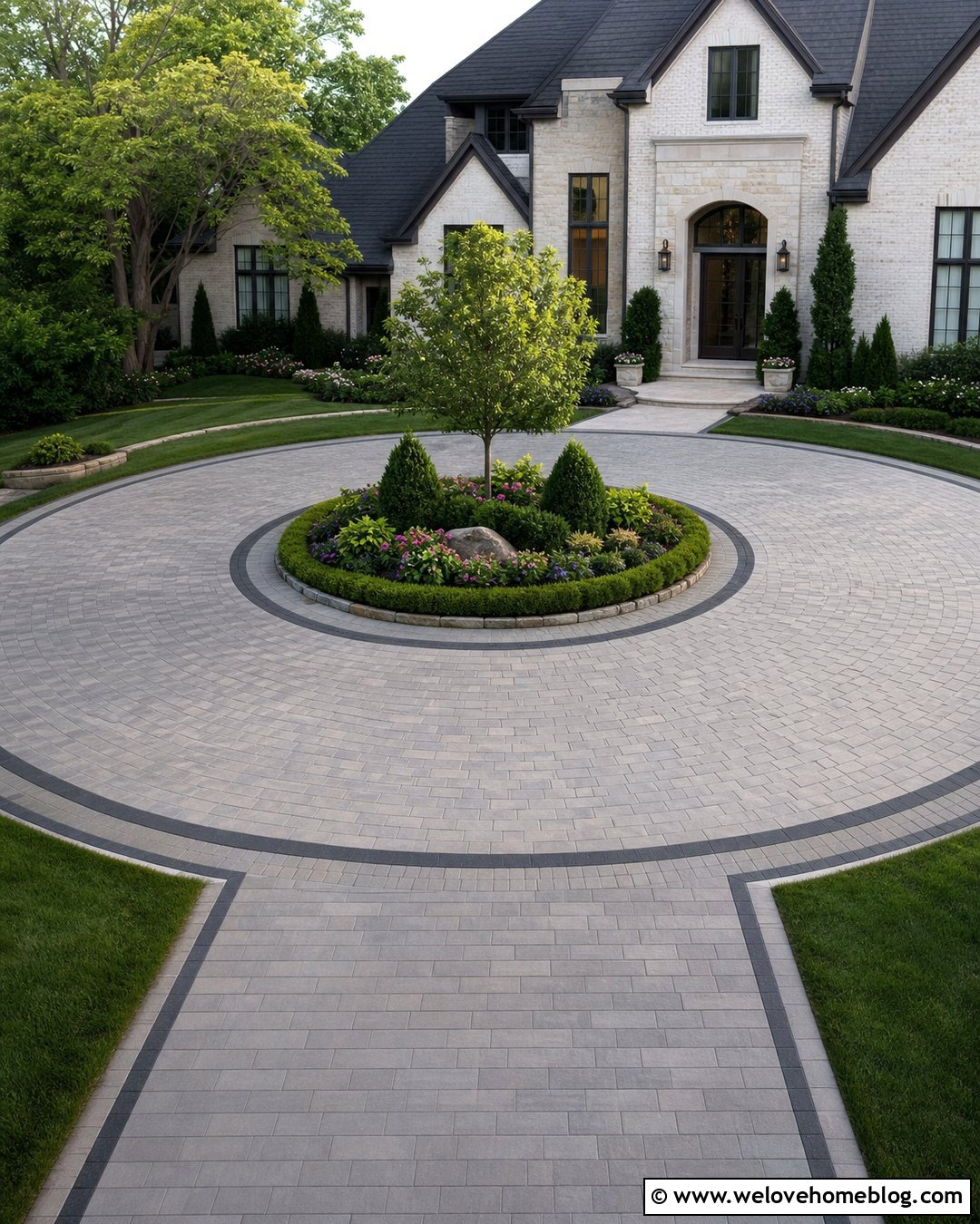 Circular Paver Driveway With Center Island - 25 Driveway Inspiration Ideas