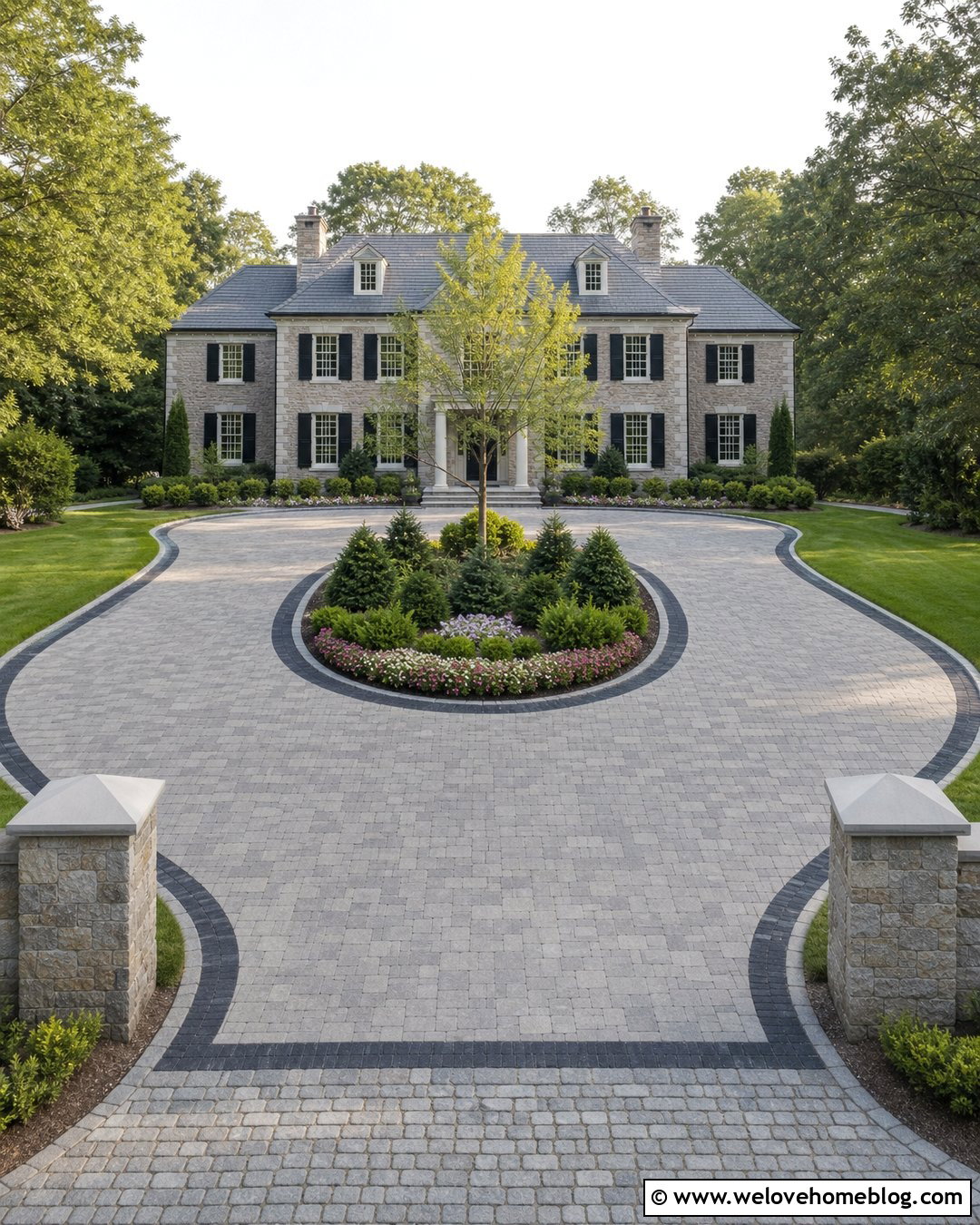 Circular Paver Driveway With Center Island - 25 Driveway Paving Stones Ideas