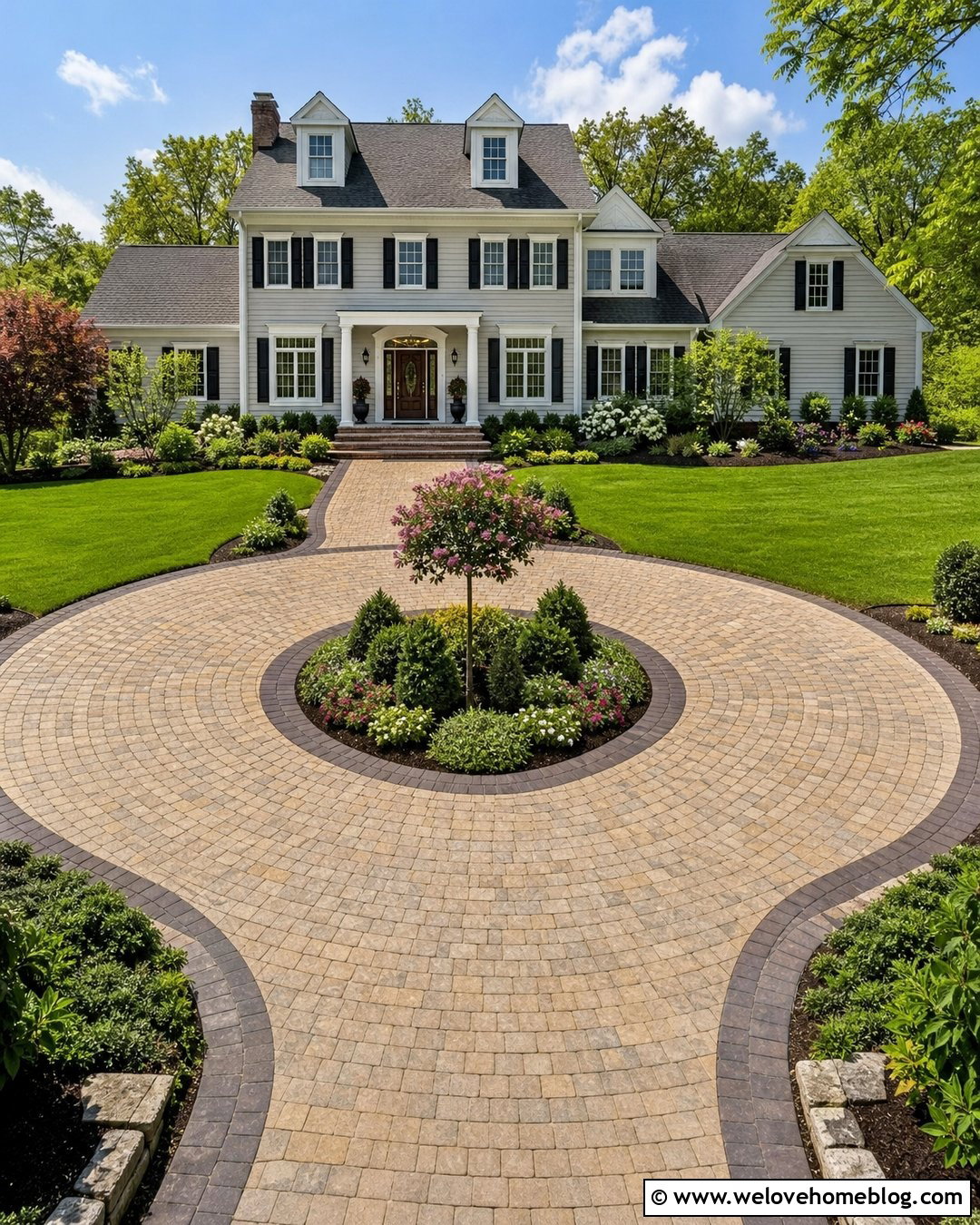 Circular Paver Driveway With Center Island - 20 Paver Driveway Design Ideas