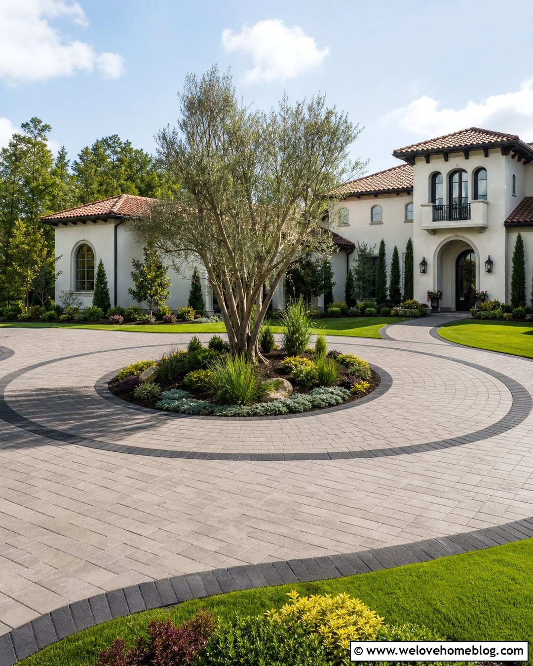 Circular Paver Driveway With Central Garden - 20 Decorative Driveway Ideas