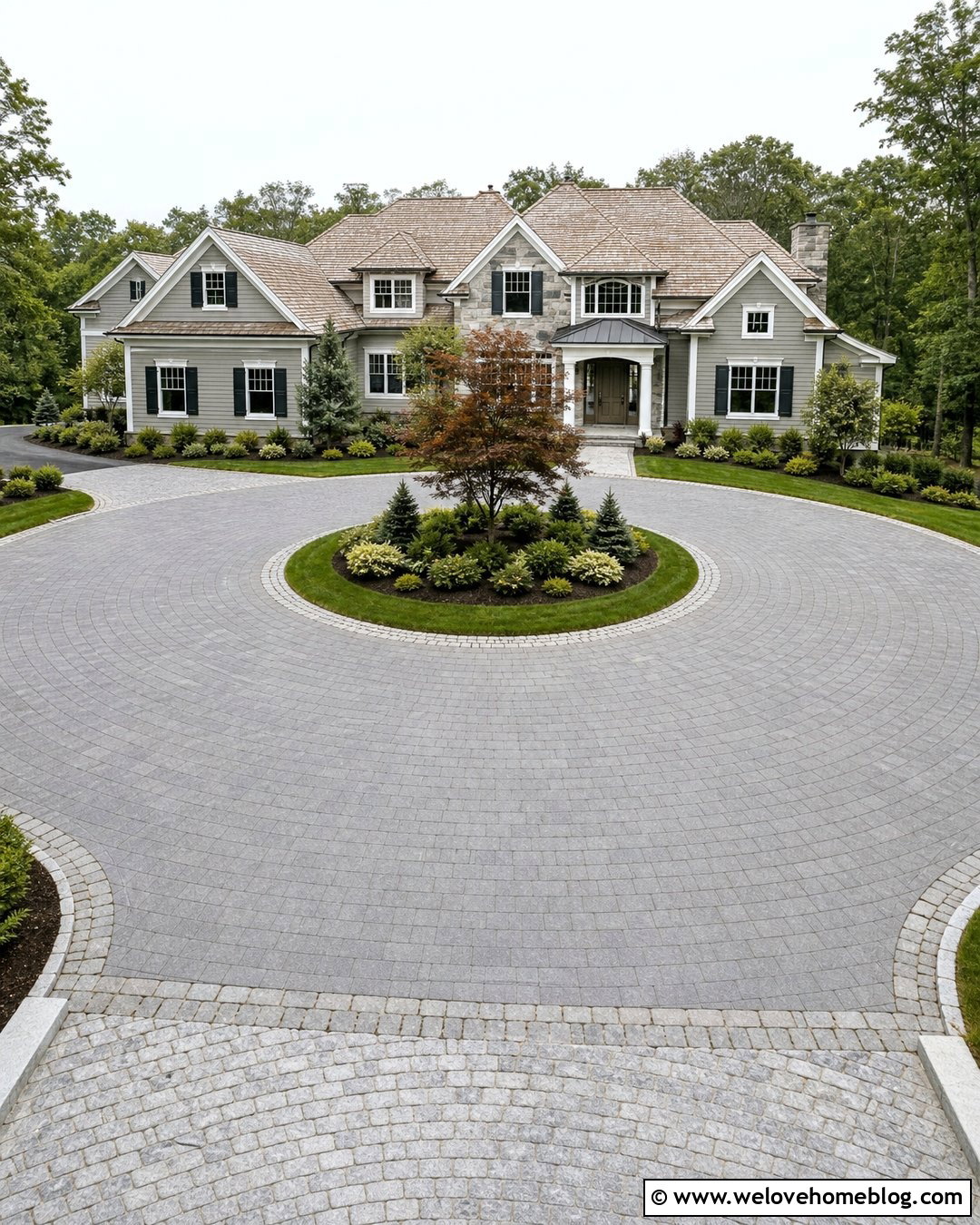 Circular Paver Driveway With Granite Cobblestone Border - 20 Paved Driveway With Stone Border Ideas