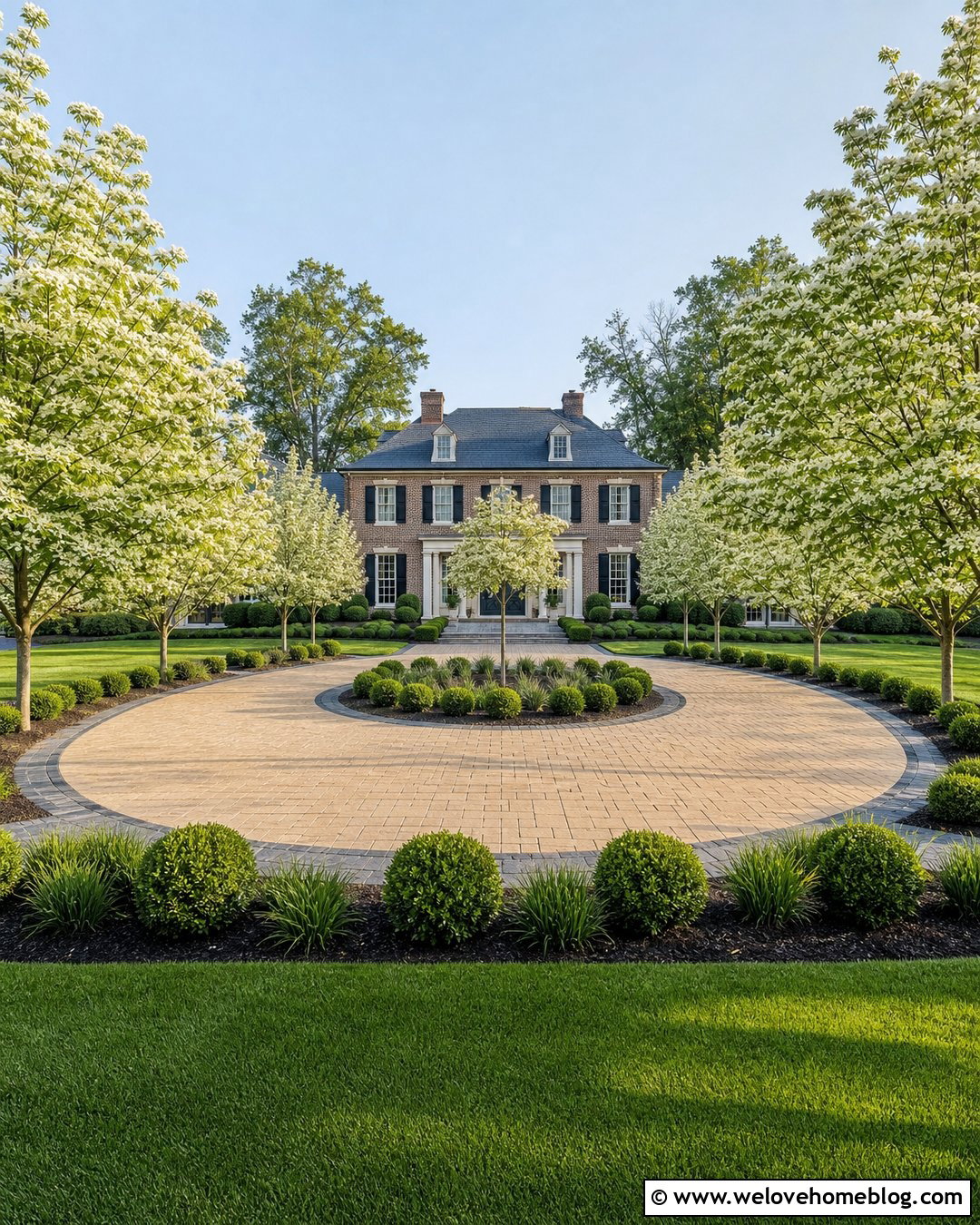 Circular Paver Driveway With Kousa Dogwoods - 20 Dogwood Lined Driveway Ideas