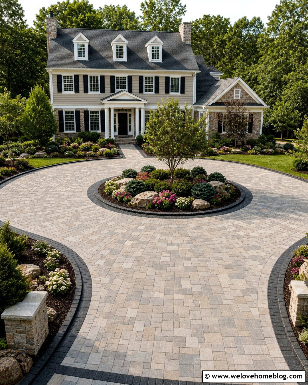 Circular Paver Driveway With Landscape Island - 35 Paver Driveway Ideas
