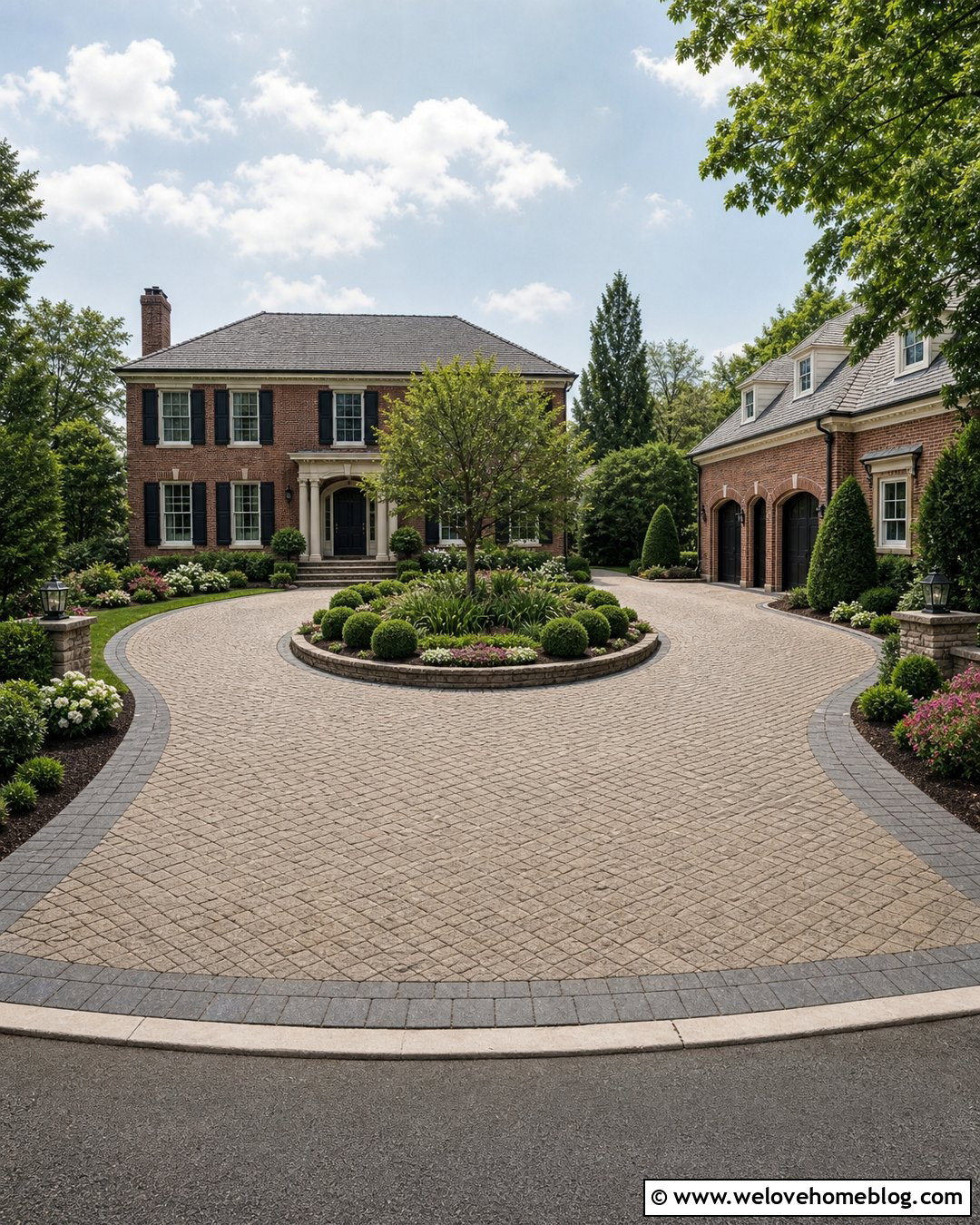 Circular Paver Driveway With Planted Center - 20 Driveway Renovation Ideas