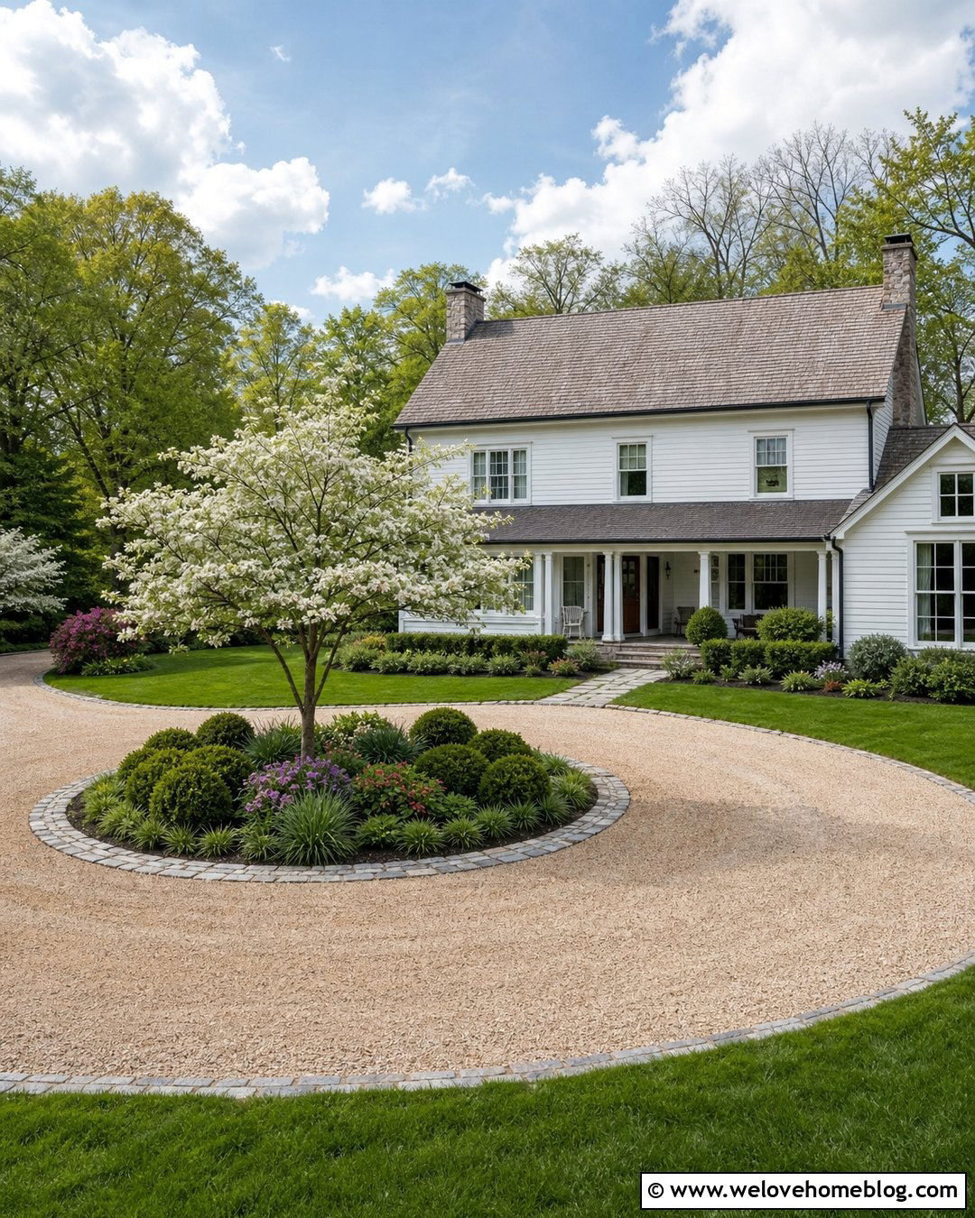 Circular Pea Gravel Driveway With A Garden Island - 20 Farmhouse Gravel Driveway Ideas
