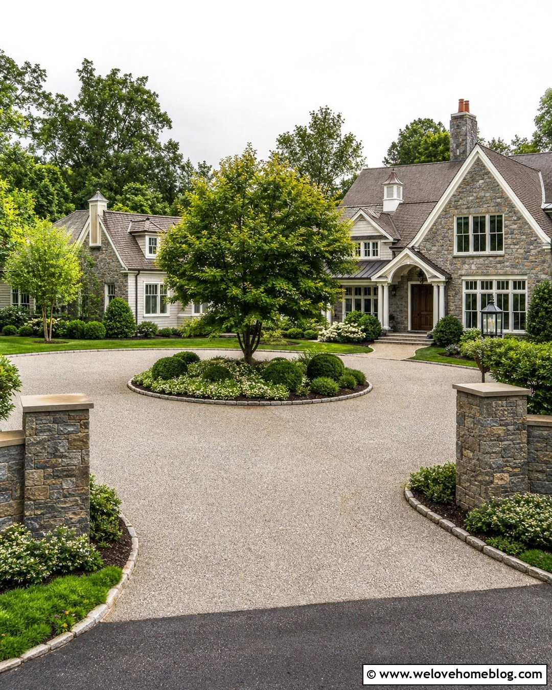 Circular Pebblecrete Driveway With Center Garden - 25 Pebblecrete Driveway Ideas