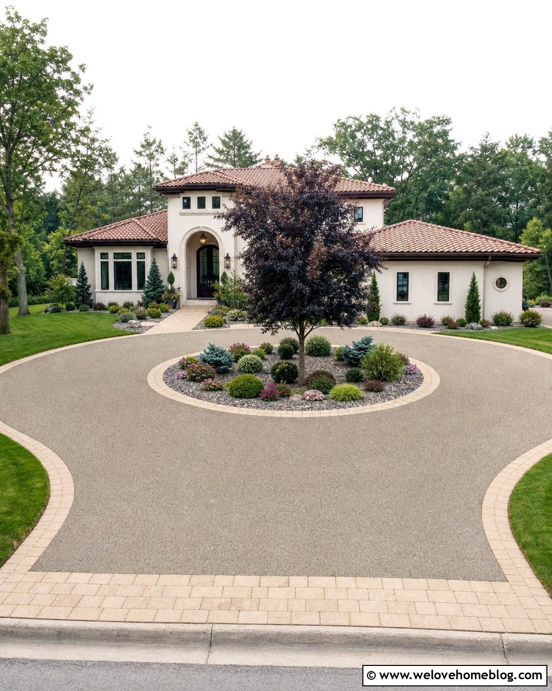 Circular Permeable Concrete Driveway With Center Garden - 20 Permeable Concrete Driveway Ideas