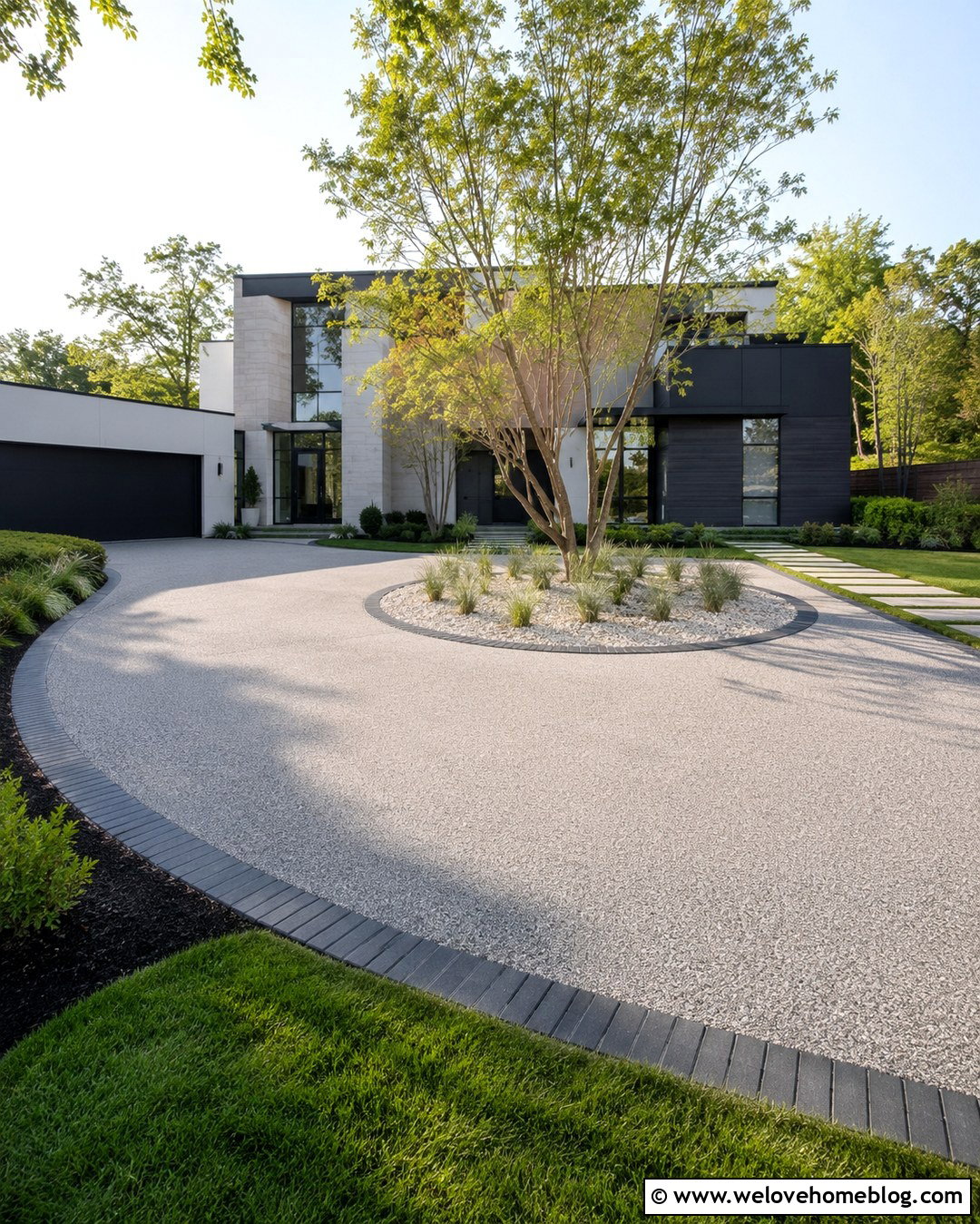Circular Resin Driveway With Modern Landscaping - 20 House With Round Driveway Ideas