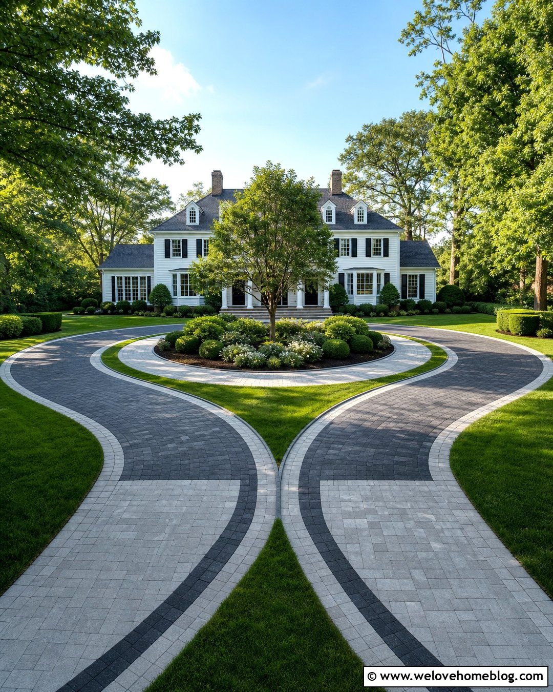 Circular Ribbon Driveway With Planted Island - 20 Ribbon Driveway Ideas