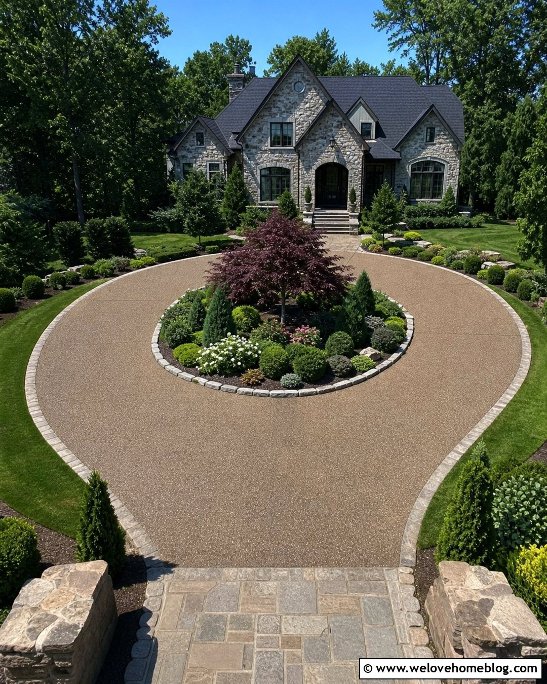 Circular River Rock Concrete Driveway With Center Garden - 20 river rock concrete driveway ideas