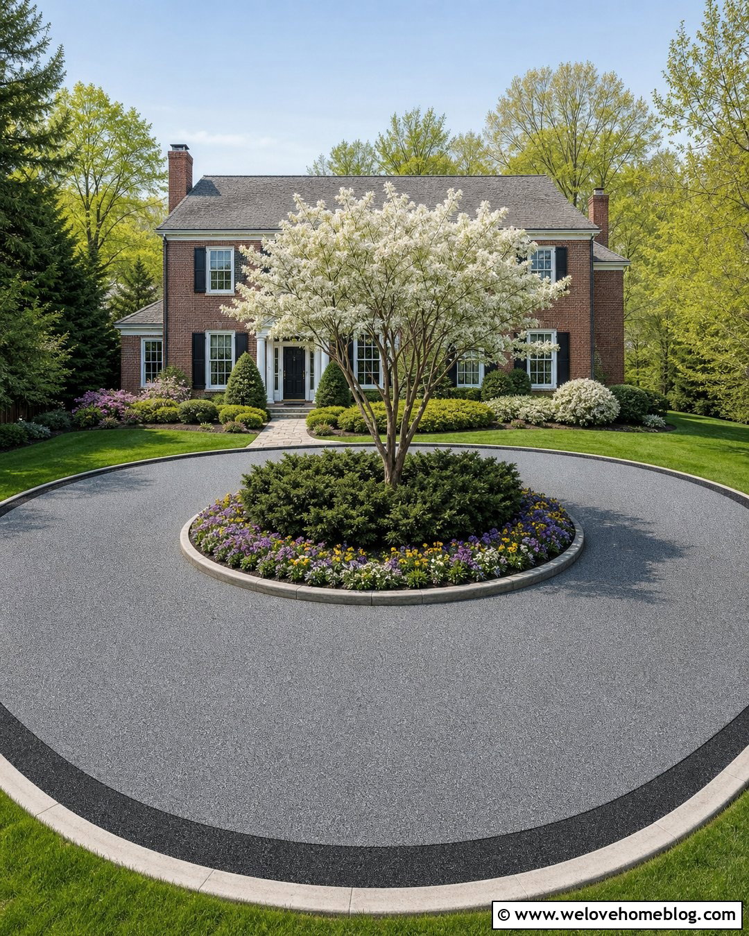 Circular Rubber Paving Driveway With A Center Island - 20 Rubber Paving Driveway Ideas